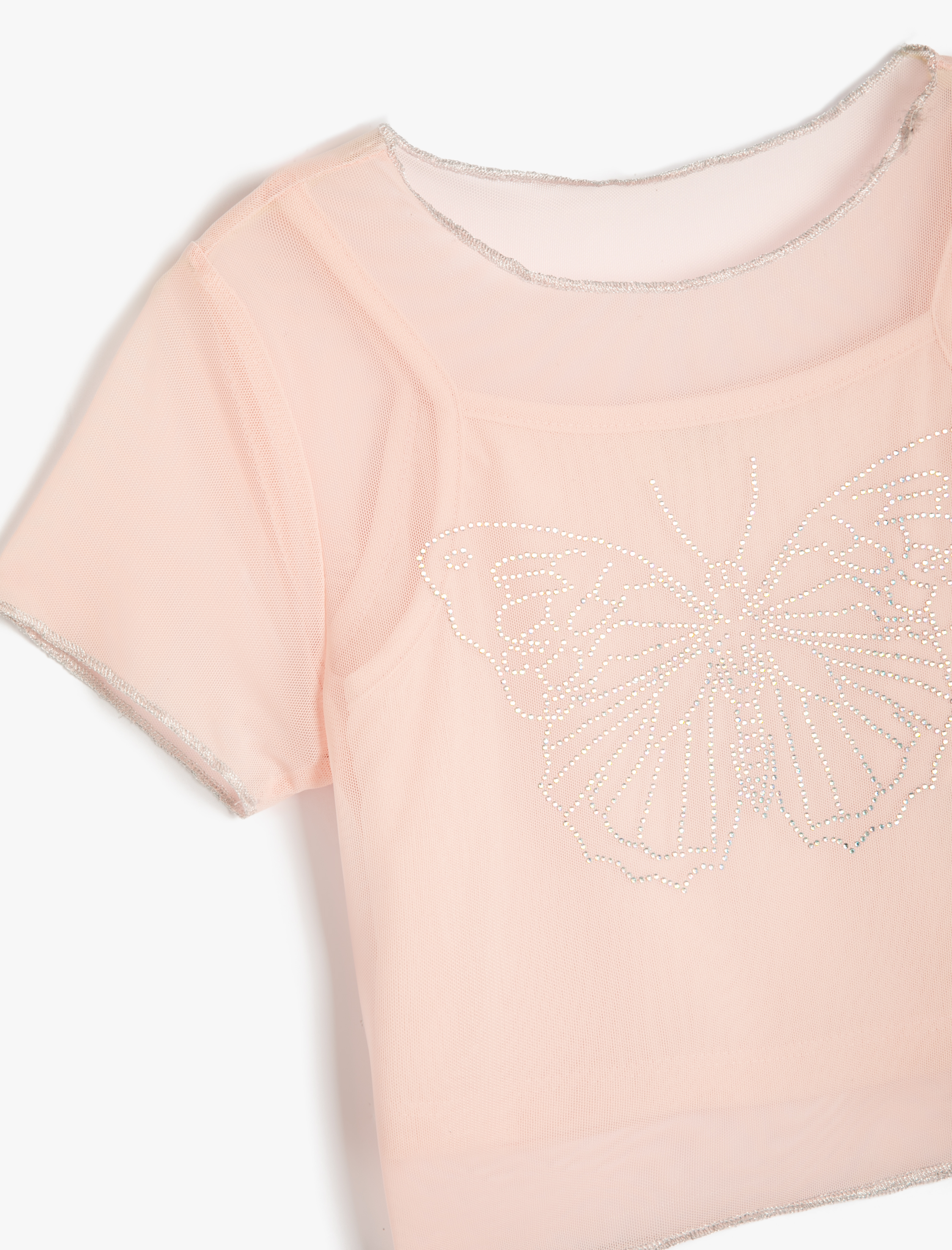  Kız Çocuk Tüllü Kelebekli Crop Tişört İçi Askılı Astarlı Kısa Kollu Yuvarlak Yaka