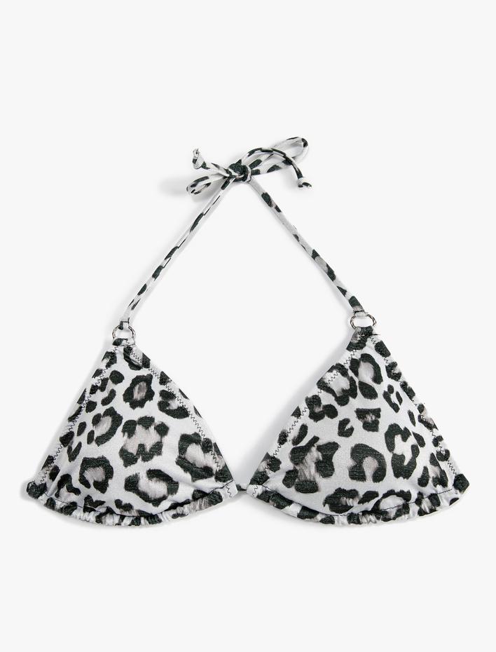  Leopar Desenli Üçgen Bikini Üstü Boyundan Bağlamalı