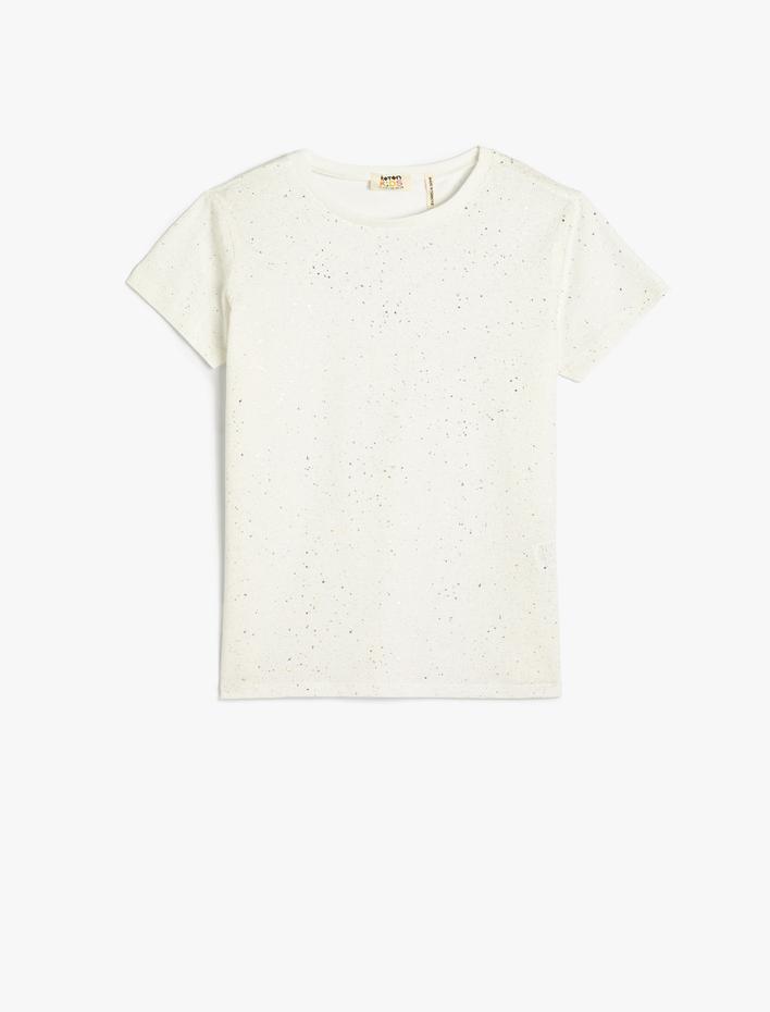 Kız Çocuk Tişört Parıltılı Kısa Kollu Bisiklet Yaka Pamuklu