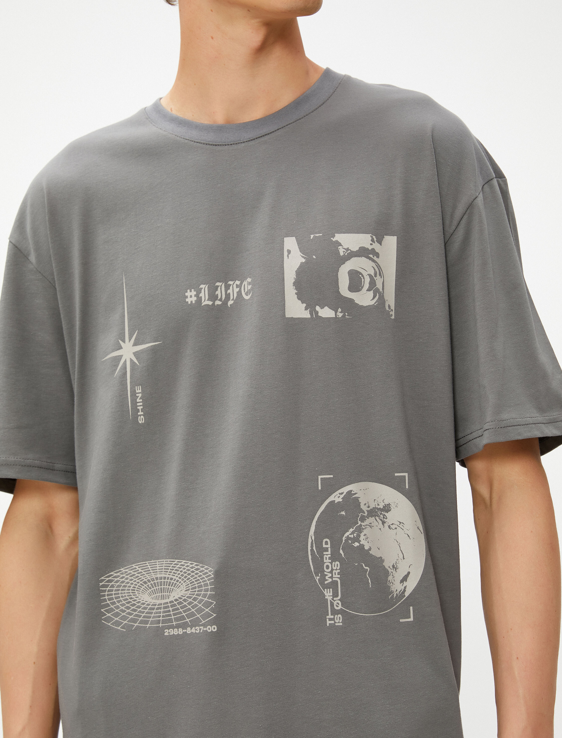   Oversize Tişört Baskılı Uzay Temalı Bisiklet Yaka Pamuklu