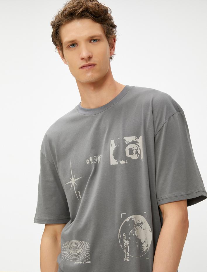  Oversize Tişört Baskılı Uzay Temalı Bisiklet Yaka Pamuklu