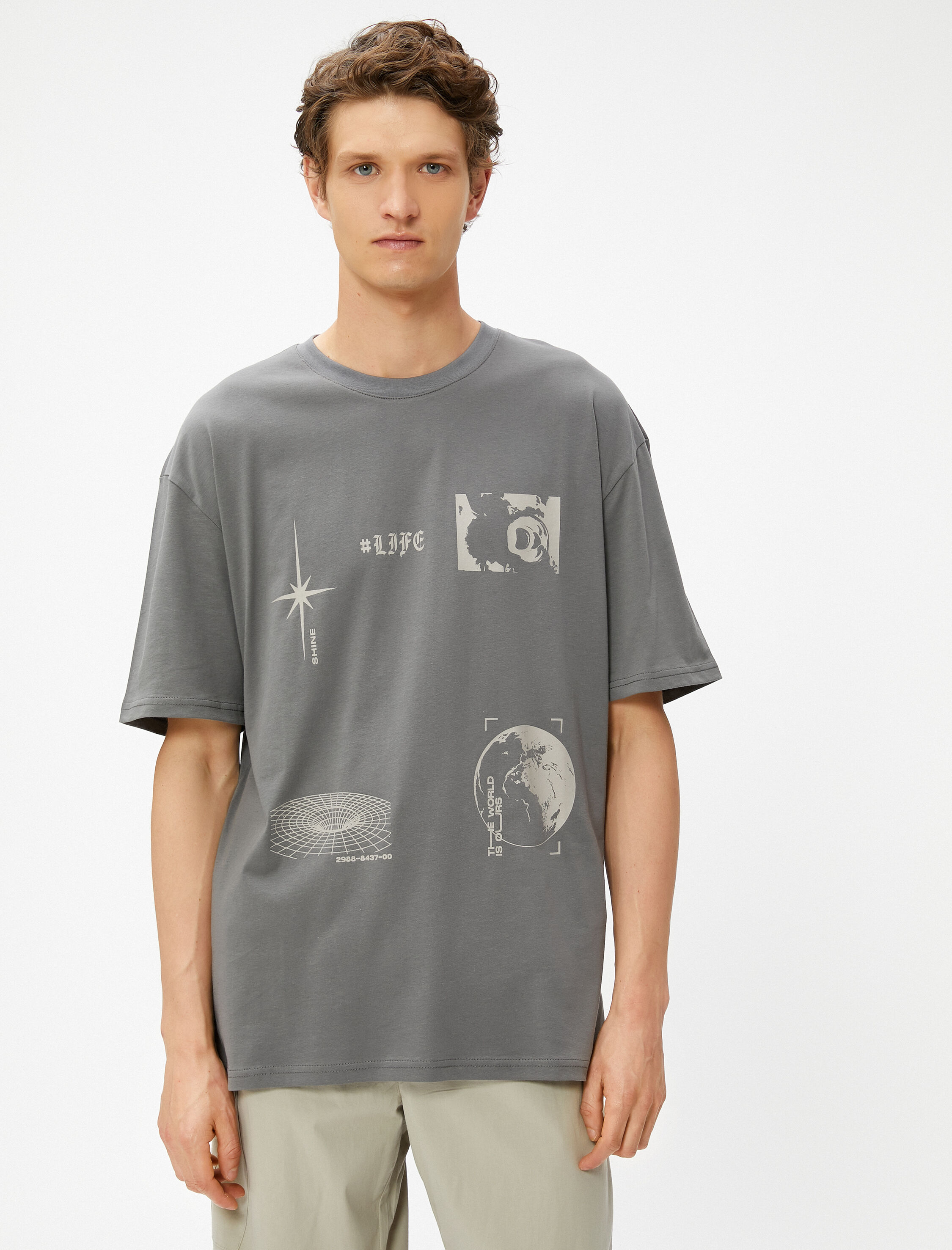   Oversize Tişört Baskılı Uzay Temalı Bisiklet Yaka Pamuklu