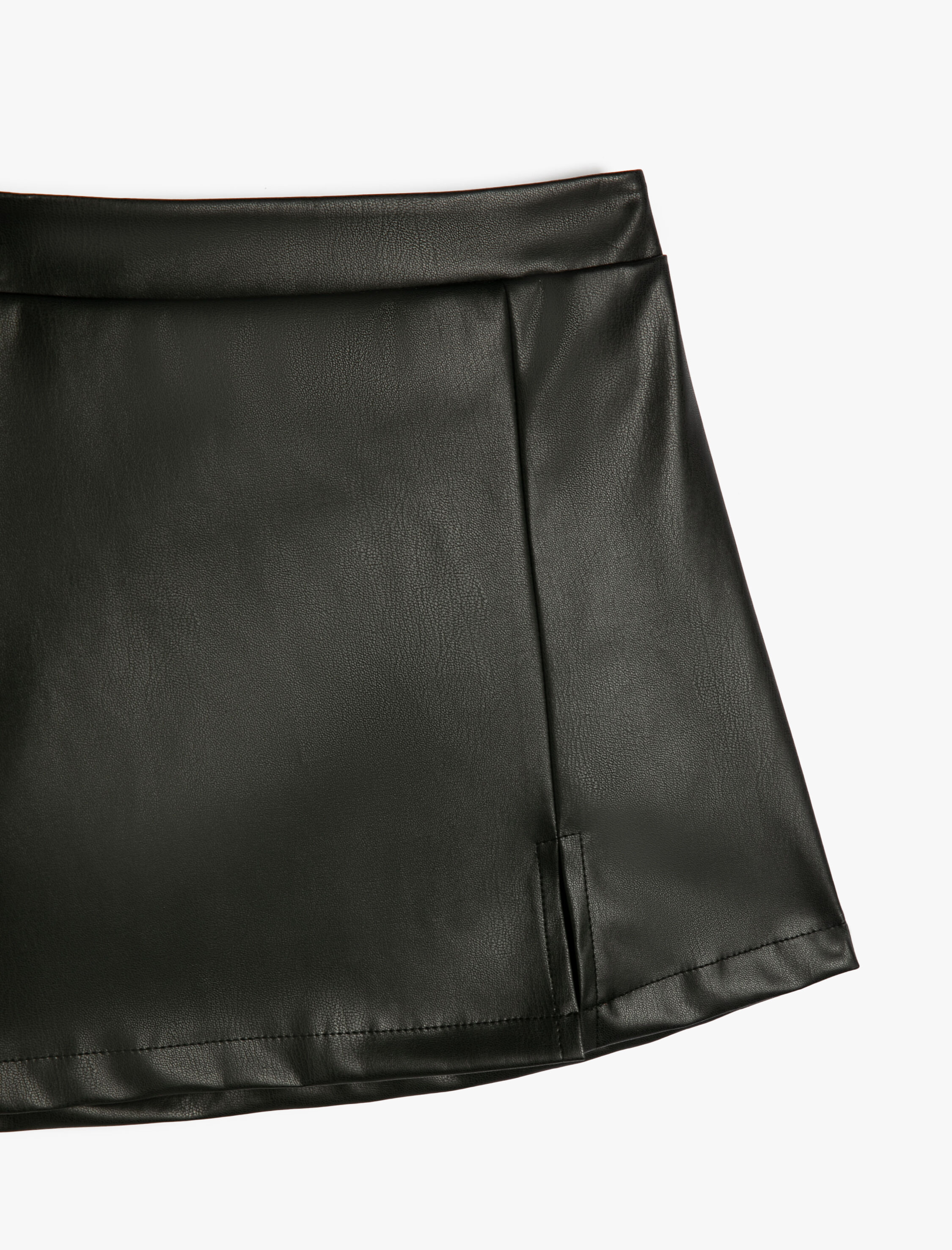  Kız Çocuk Deri Görünümlü Mini Etek Yırtmaç Detaylı Beli Lastikli