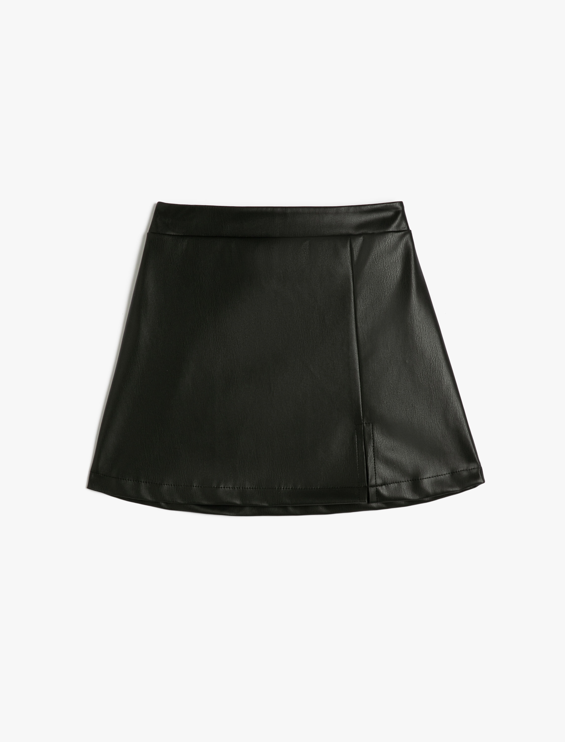  Kız Çocuk Deri Görünümlü Mini Etek Yırtmaç Detaylı Beli Lastikli