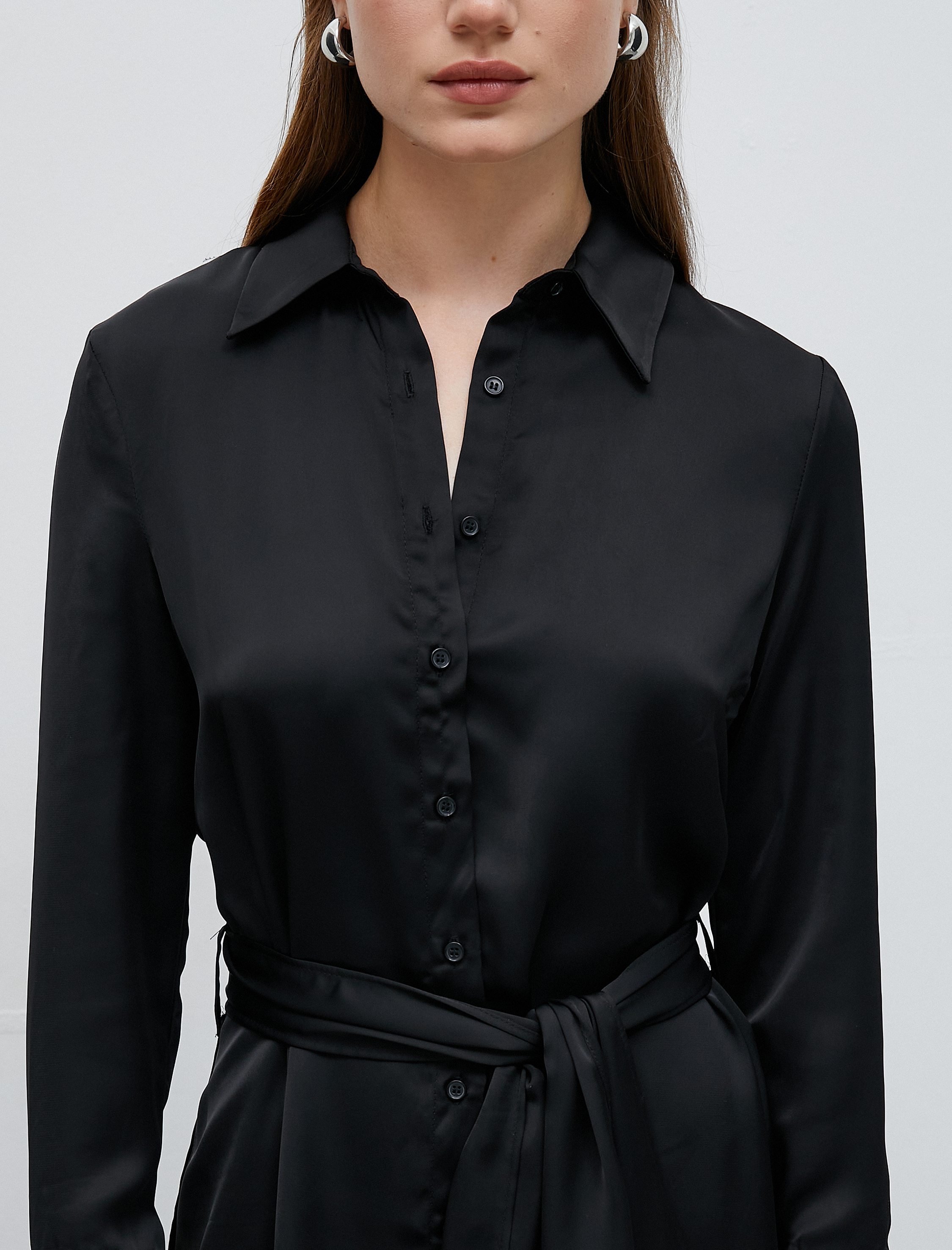   Mini Gömlek Elbise Saten Kemerli