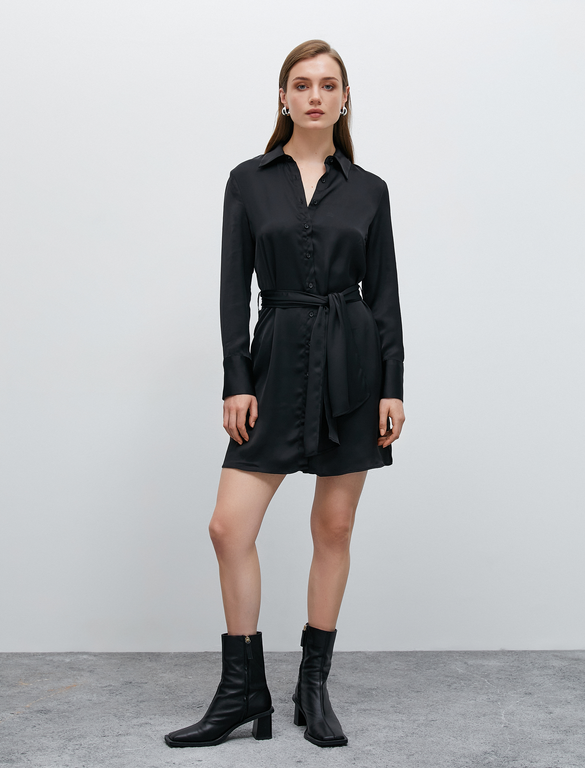   Mini Gömlek Elbise Saten Kemerli