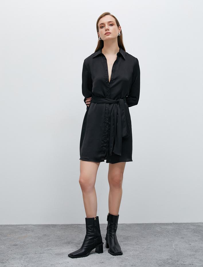  Mini Gömlek Elbise Saten Kemerli