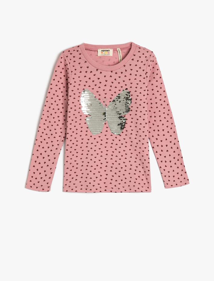 Kız Çocuk Tişört Kelebek Pul-Payet İşlemeli Uzun Kollu Bisiklet Yaka Pamuklu