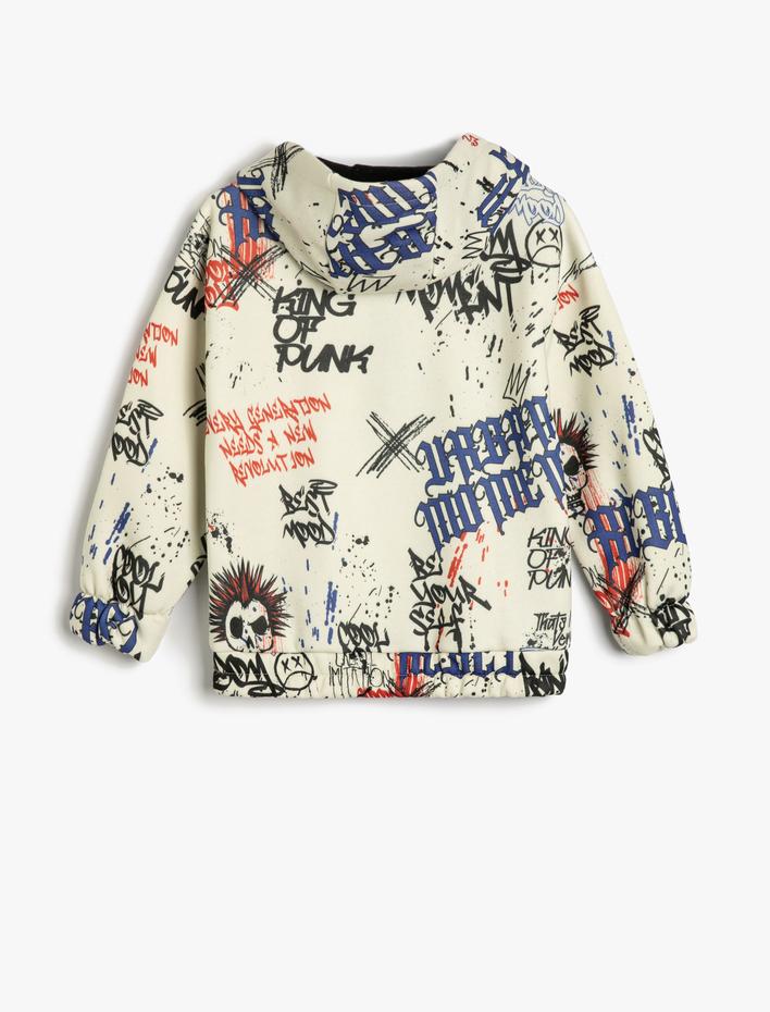 Erkek Çocuk Oversize Kapşonlu Sweatshirt Yarım Fermuarlı Şardonlu Baskılı