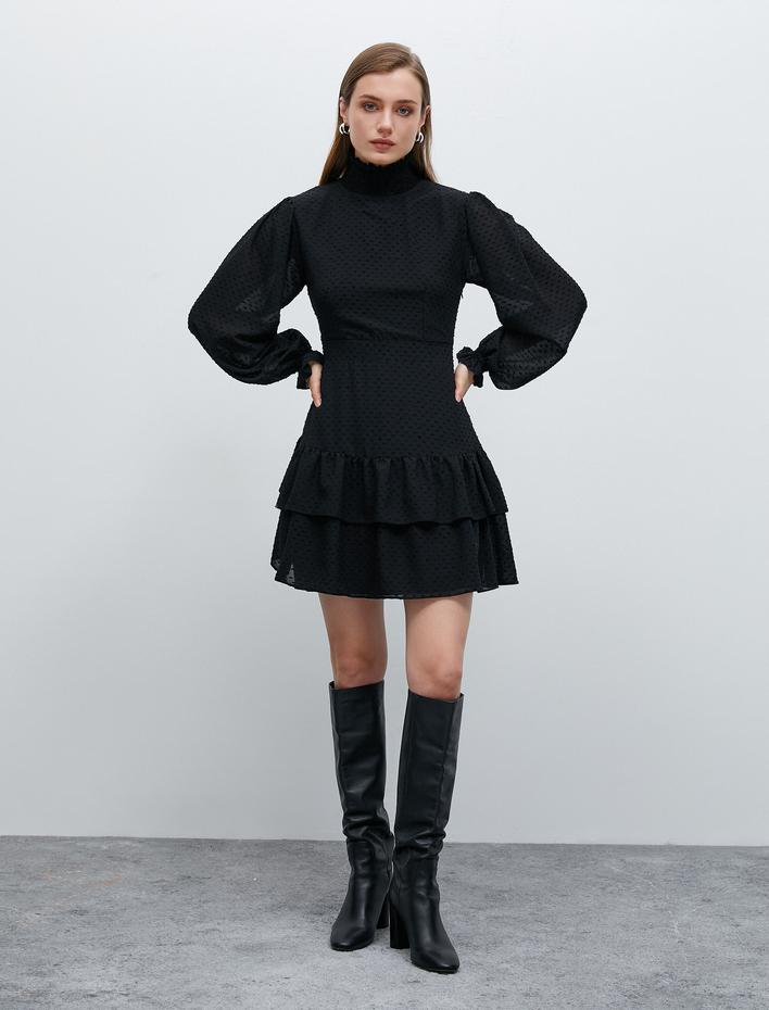  Mini Elbise Gipeli Dik Yaka Katlı