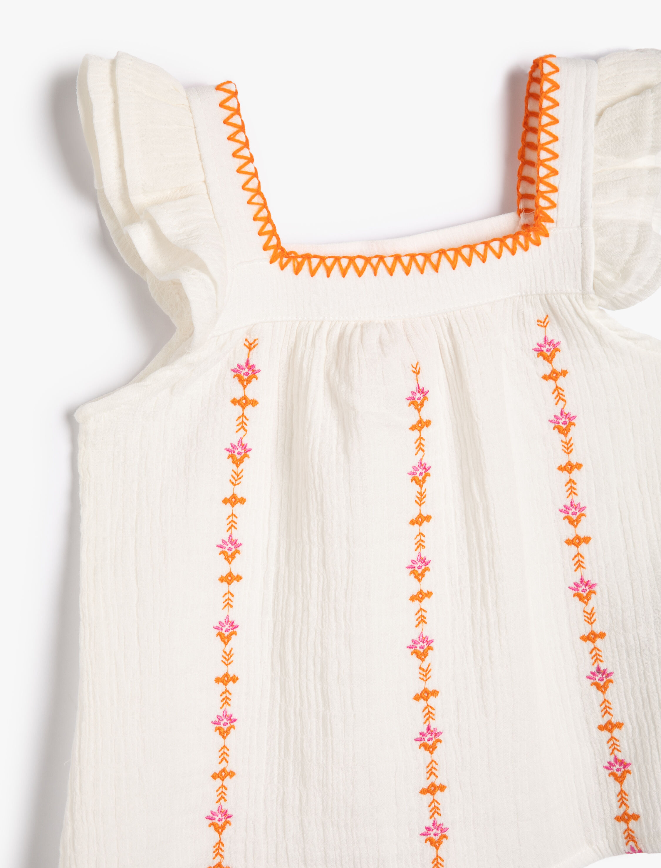  Kız Bebek Bluz Fırfırlı Kolsuz Çiçekli İşleme Detaylı Pamuklu Müslin Kumaş