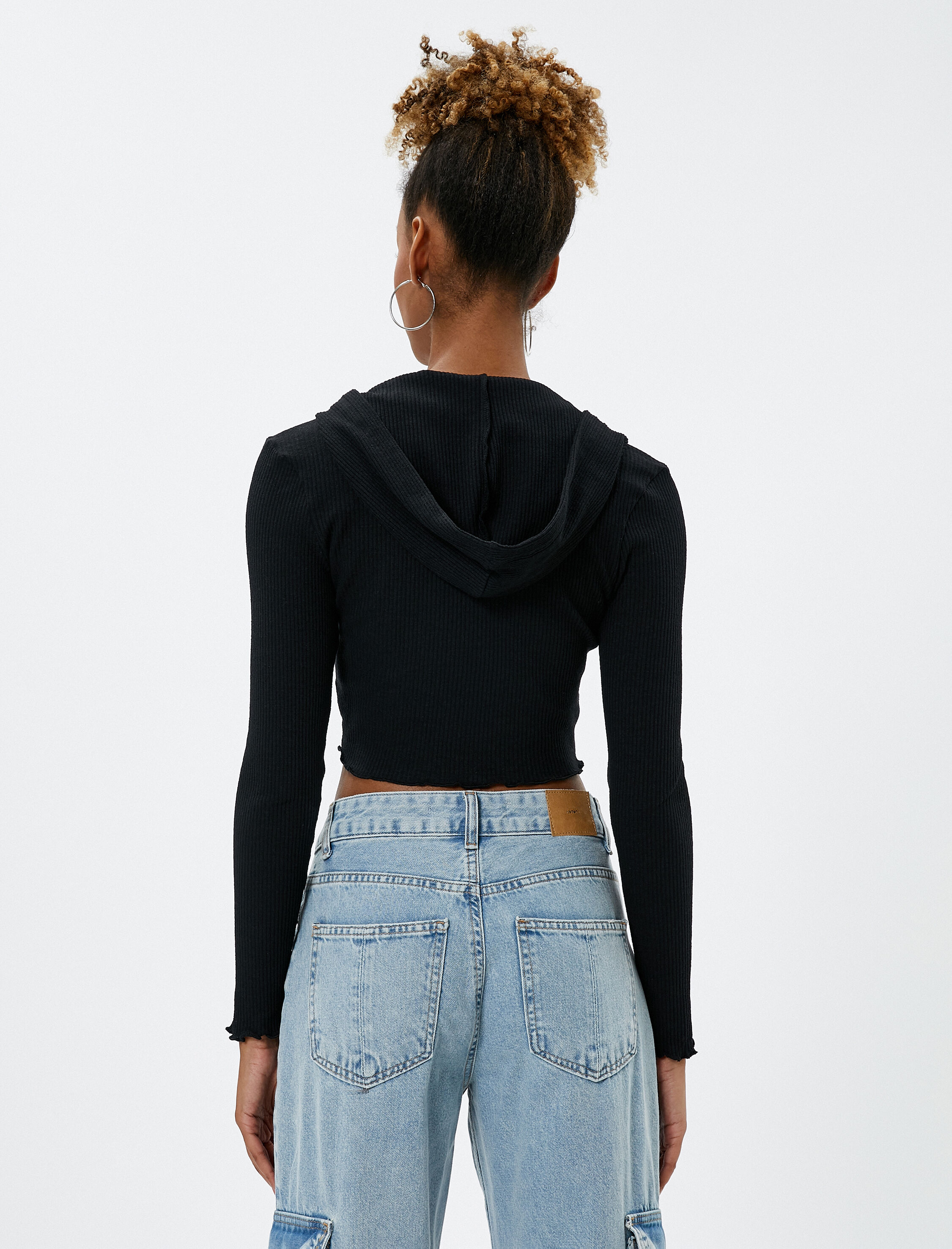   Kapüşonlu Hırka Crop Fermuarlı Kaşkorse Dikiş Detaylı