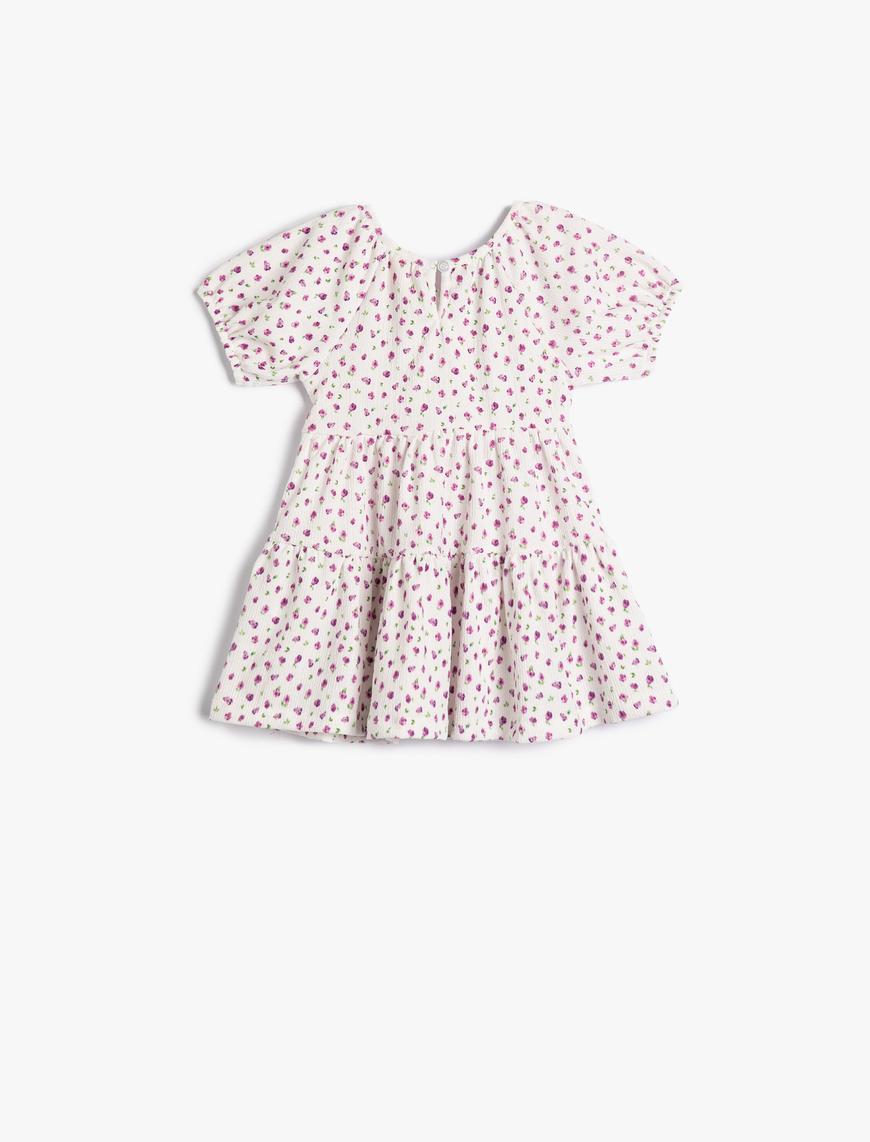 Kız Bebek Çiçekli Elbise Kısa Balon Kollu Yuvarlak Yaka Katlı