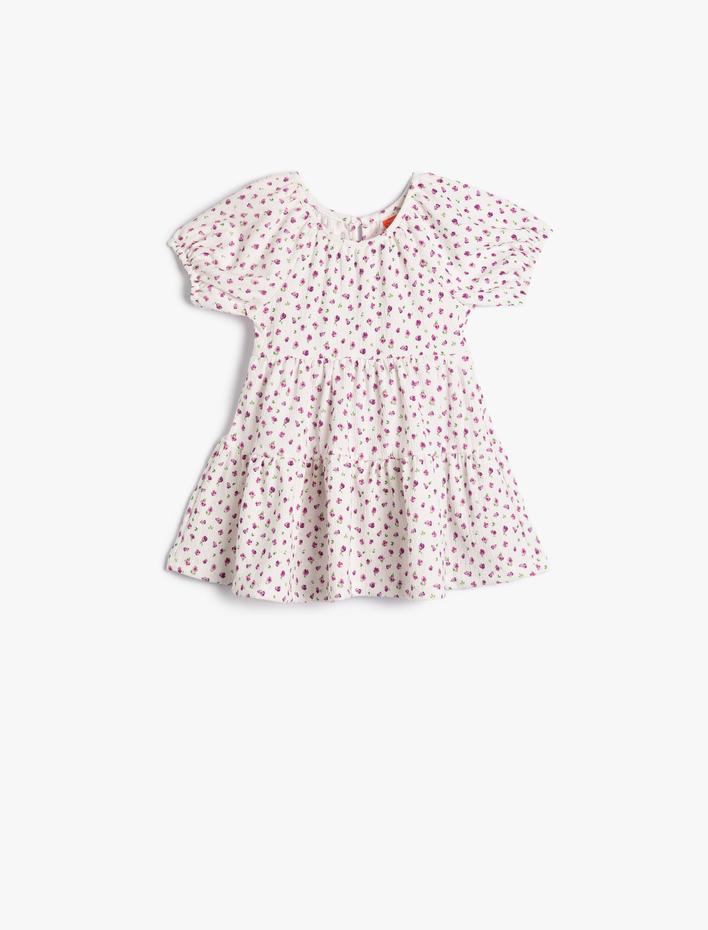 Kız Bebek Çiçekli Elbise Kısa Balon Kollu Yuvarlak Yaka Katlı