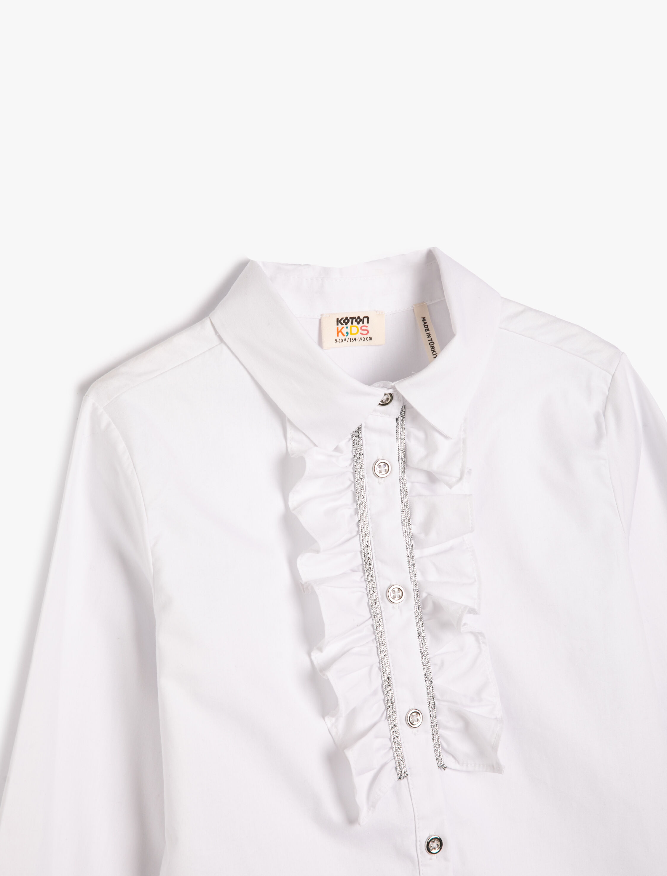  Kız Çocuk Gömlek Fırfırlı Simli Şerit Detaylı Uzun Kollu