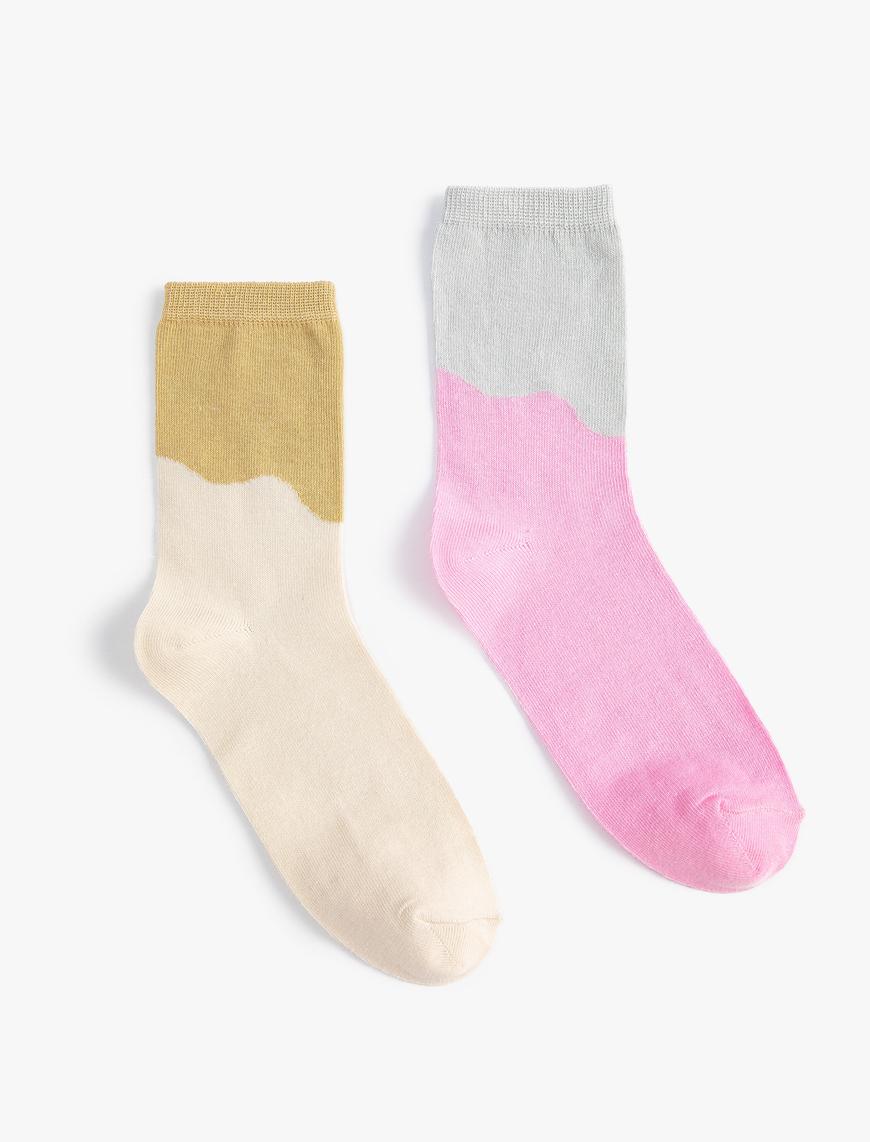  Kadın Soket Çorap Seti 2'li Renk Bloklu