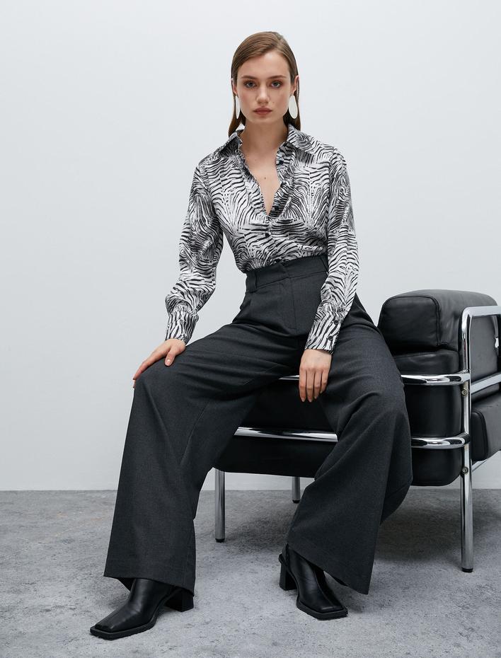  Saten Gömlek Animal Desenli Uzun Kollu