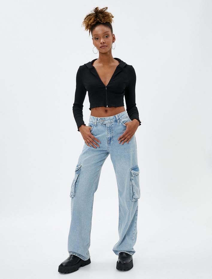  Kapüşonlu Hırka Crop Fermuarlı Kaşkorse Dikiş Detaylı