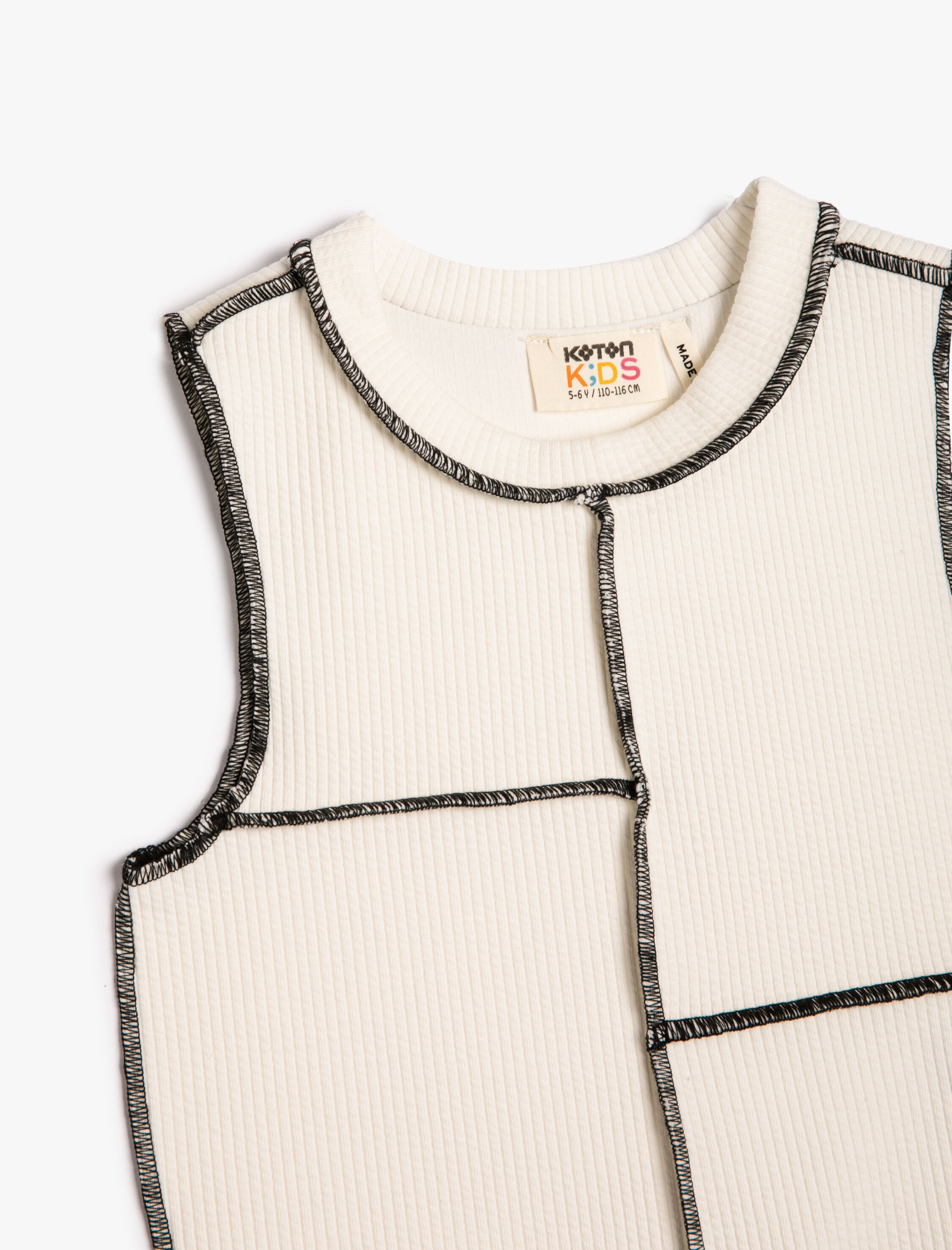  Kız Çocuk Kolsuz Crop Üst Bisiklet Yaka Parçalı Dikiş Detaylı Ribanalı