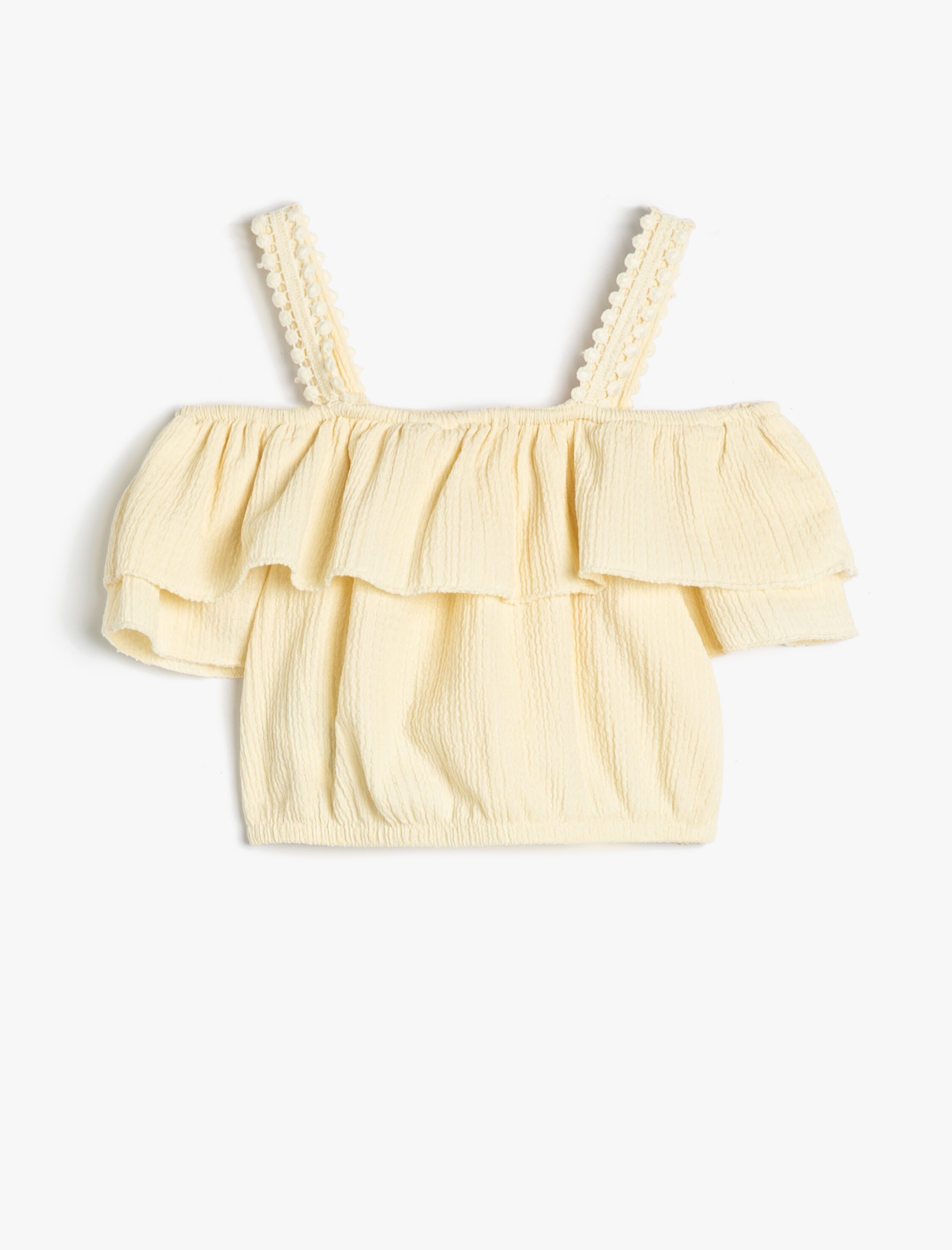  Kız Çocuk Crop Bluz Düşük Omuz Askı Detaylı Kısa Kollu