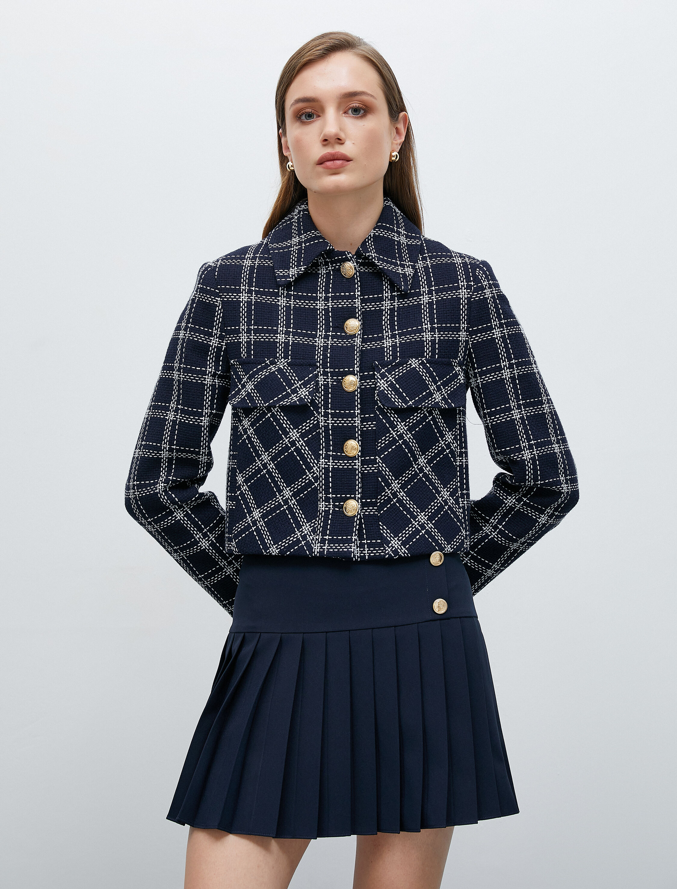   Vatkalı Kısa Tüvit Ceket Cepli Düğmeli Katlı Yaka