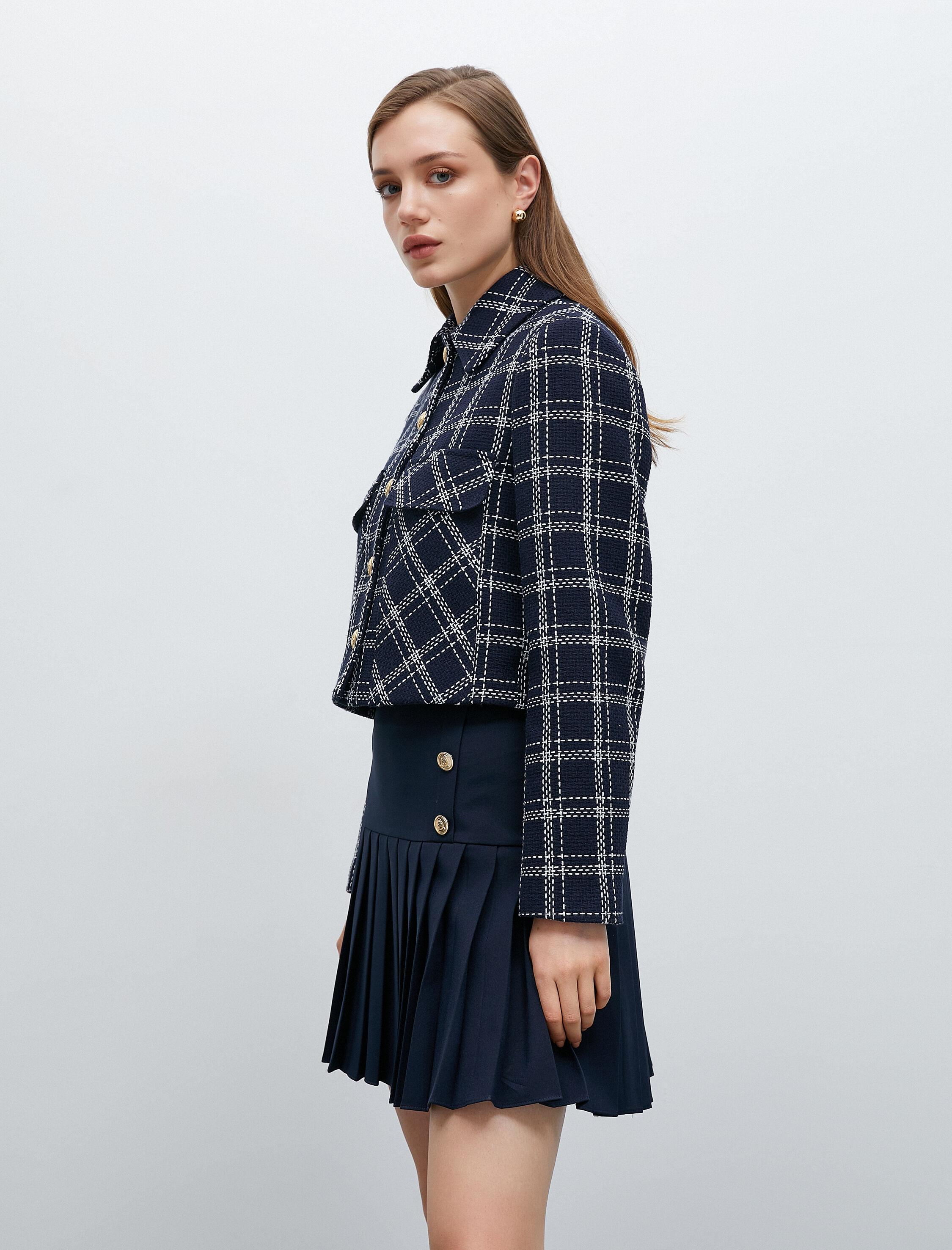   Vatkalı Kısa Tüvit Ceket Cepli Düğmeli Katlı Yaka