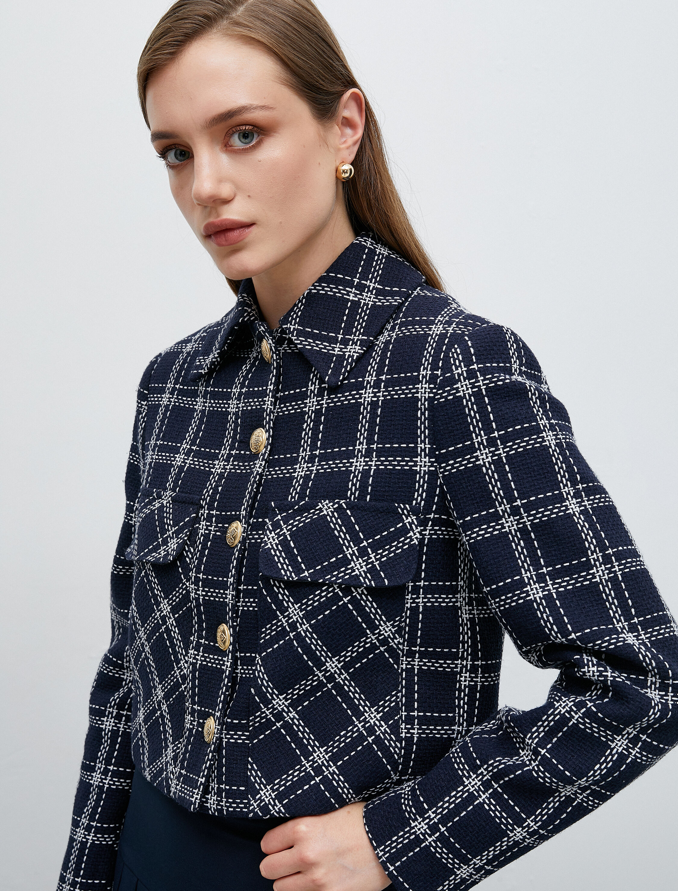   Vatkalı Kısa Tüvit Ceket Cepli Düğmeli Katlı Yaka