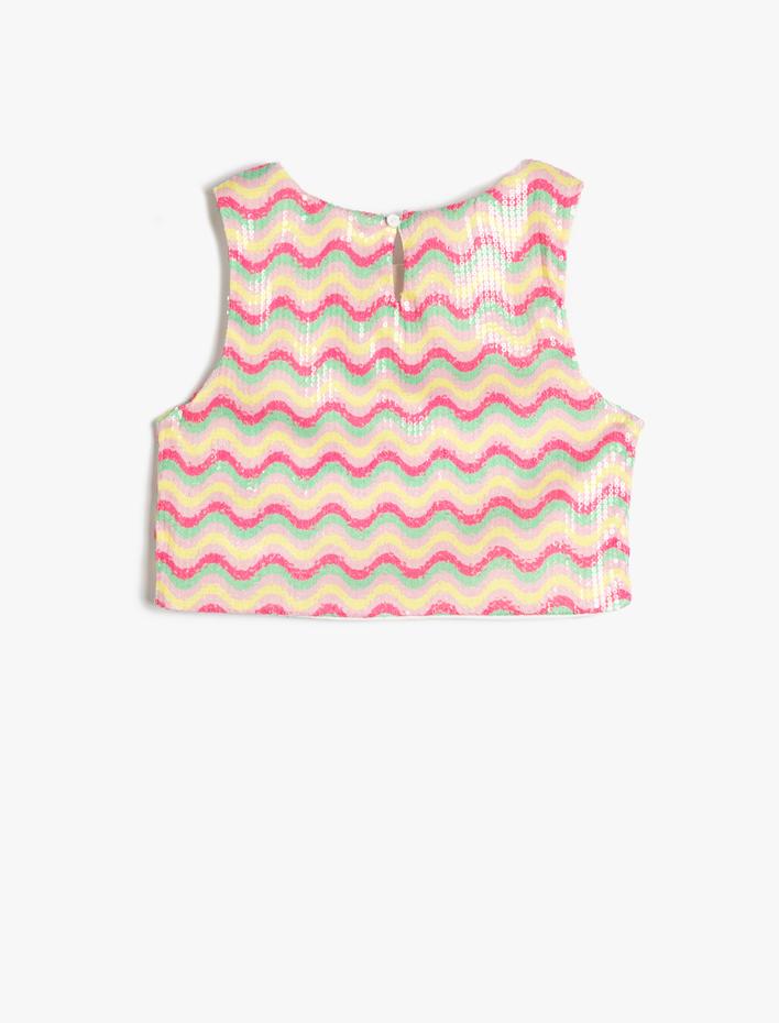 Kız Çocuk Crop Üst Pul Payet İşlemeli Kolsuz Yuvarlak Yaka