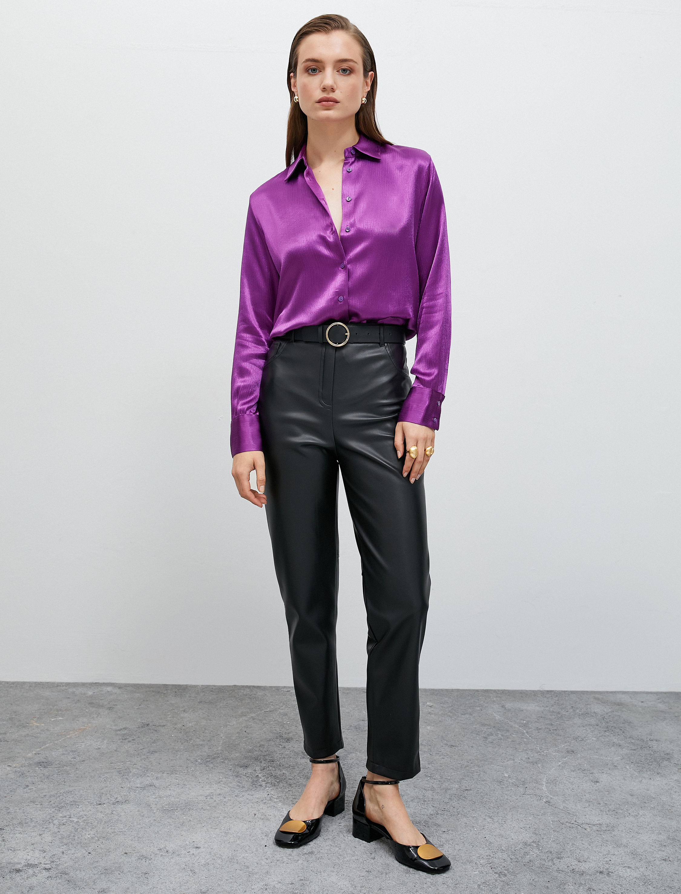   Saten Gömlek Düğmeli Uzun Kollu