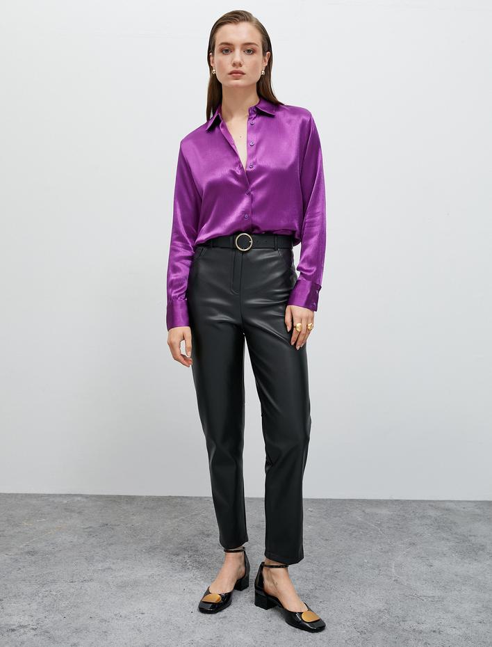  Saten Gömlek Düğmeli Uzun Kollu