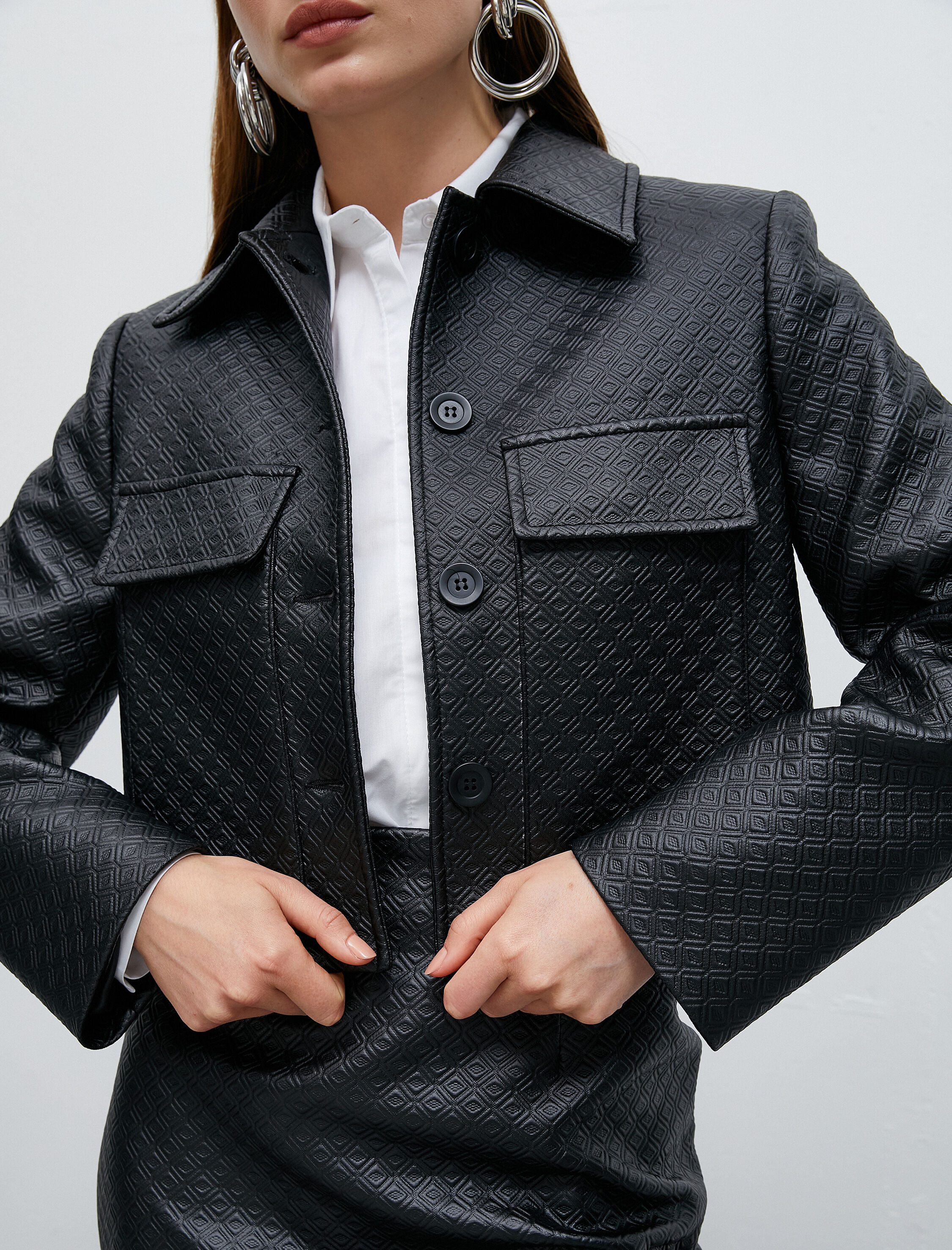   Crop Ceket Cepli Düğmeli Suni Deri