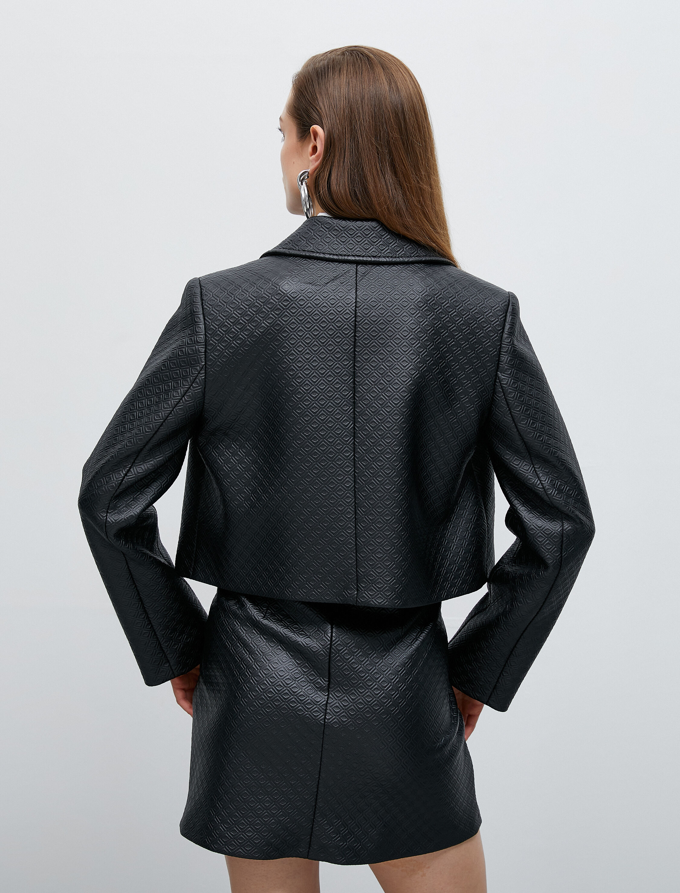   Crop Ceket Cepli Düğmeli Suni Deri