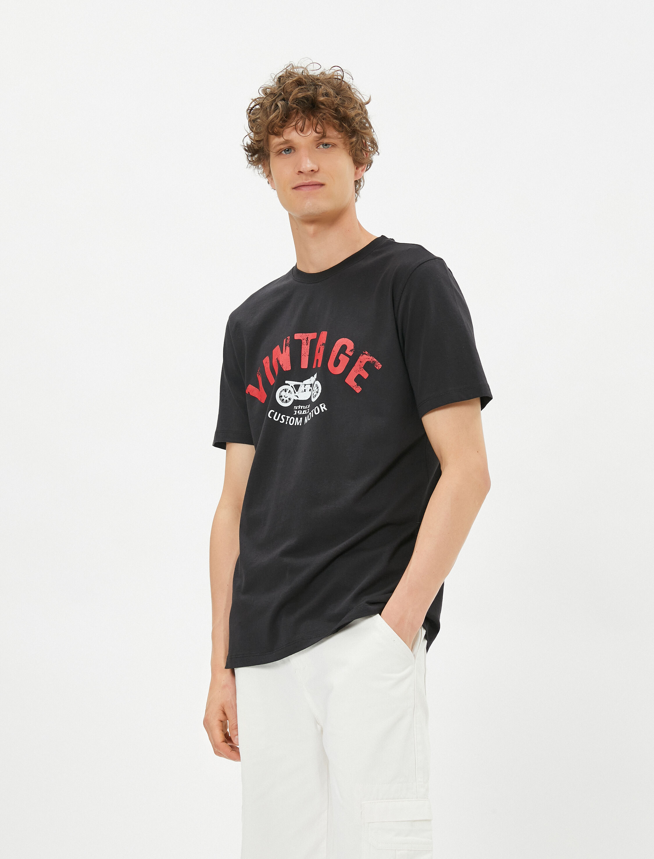   Slogan Baskılı Tişört Motosiklet Temalı Bisiklet Yaka Pamuklu