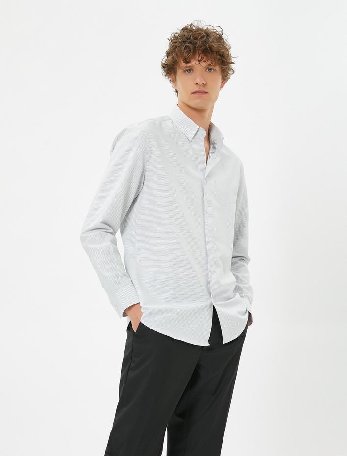  Spor Gömlek Slim Fit Minimal Baskı Detaylı Klasik Yaka Uzun Kollu Non Iron