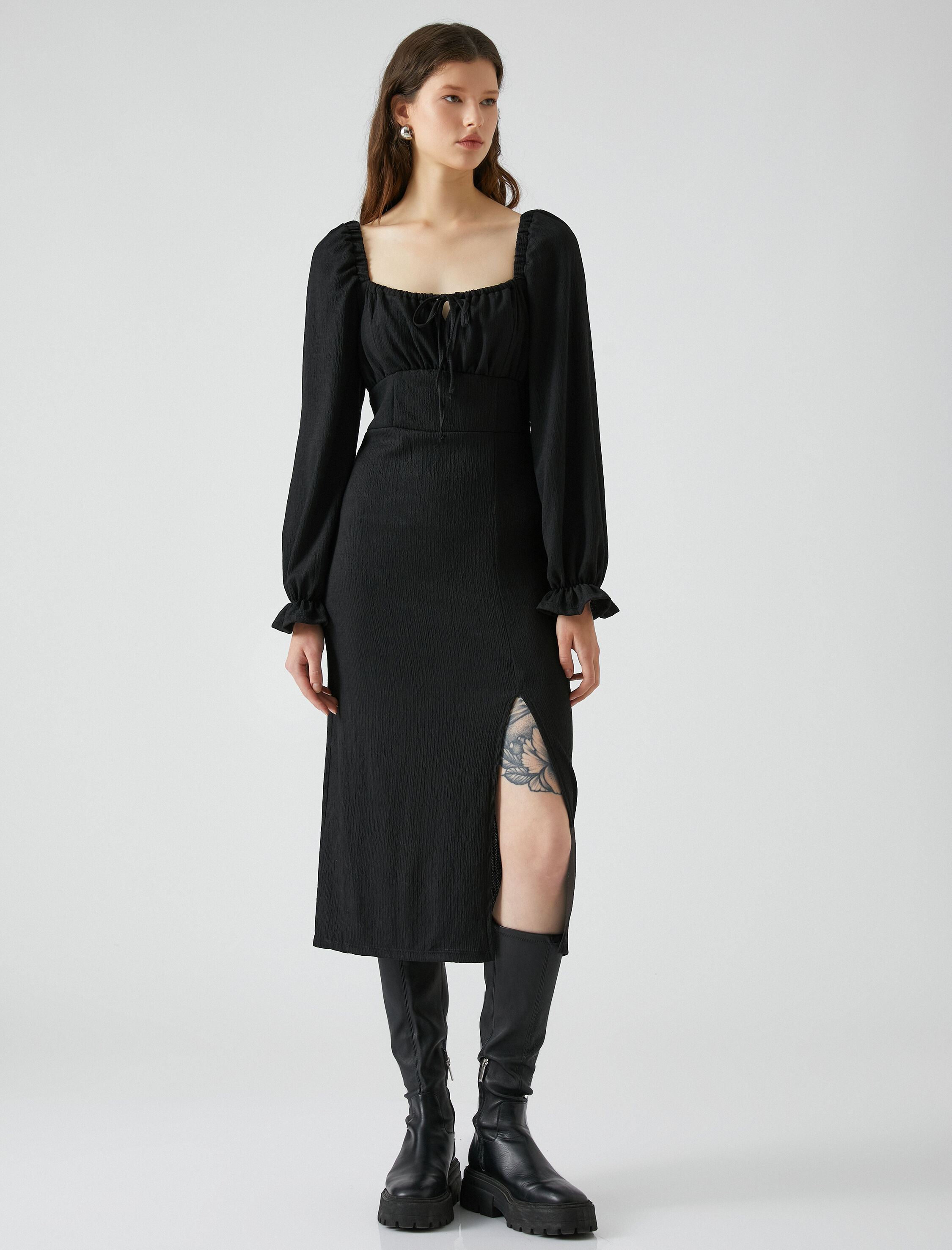   Midi Elbise Balon Kollu Kare Yaka Yırtmaçlı Bağlama Detaylı Bürümcük