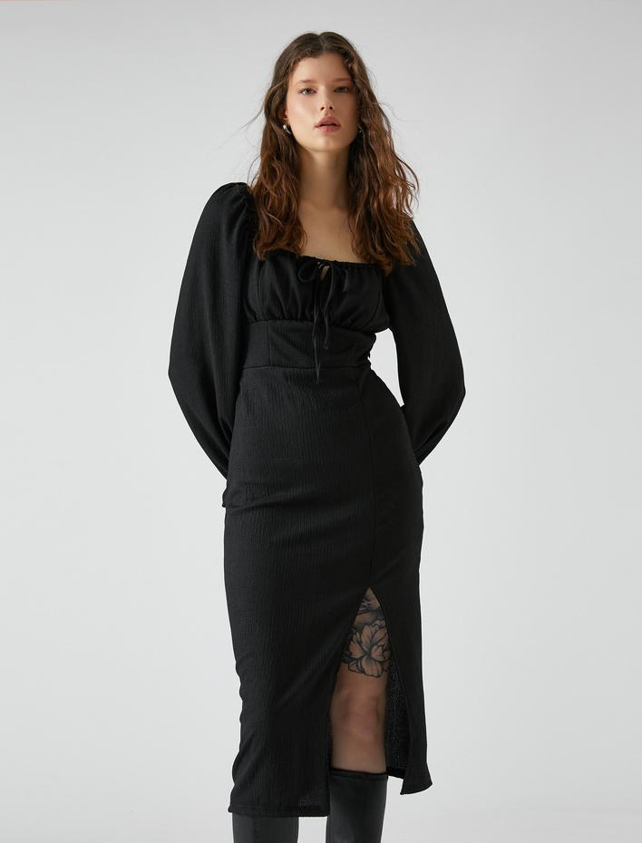  Midi Elbise Balon Kollu Kare Yaka Yırtmaçlı Bağlama Detaylı Bürümcük