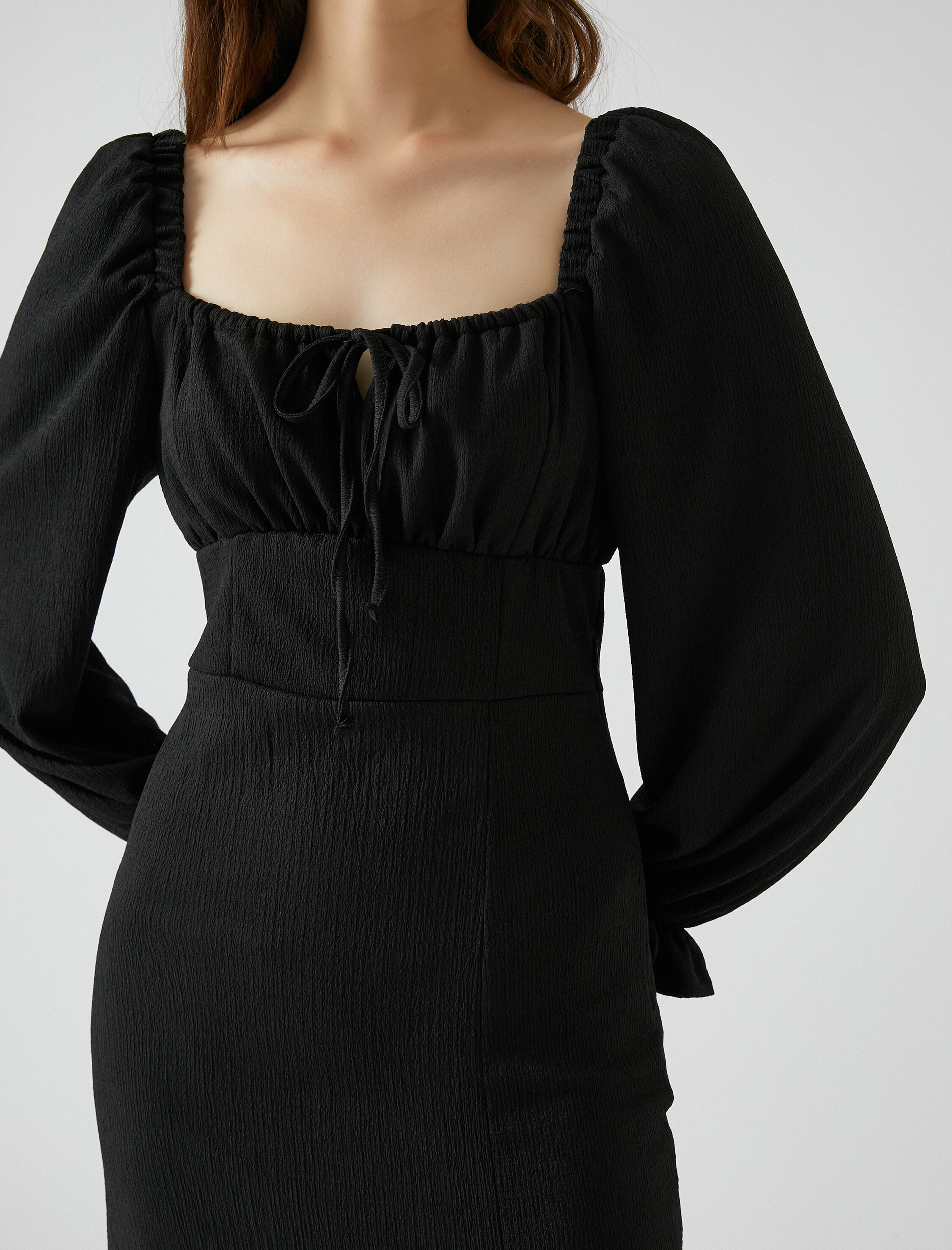   Midi Elbise Balon Kollu Kare Yaka Yırtmaçlı Bağlama Detaylı Bürümcük