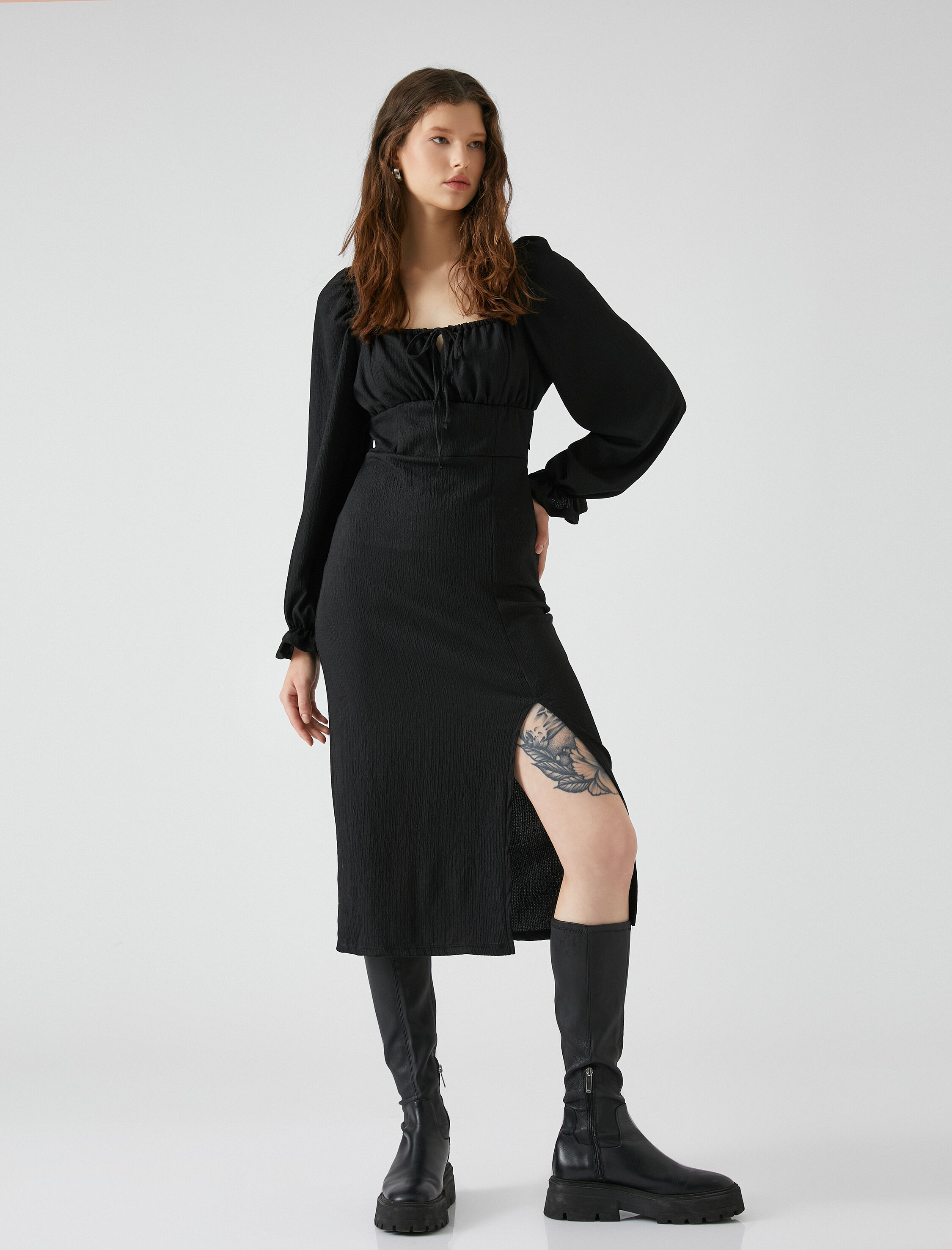   Midi Elbise Balon Kollu Kare Yaka Yırtmaçlı Bağlama Detaylı Bürümcük