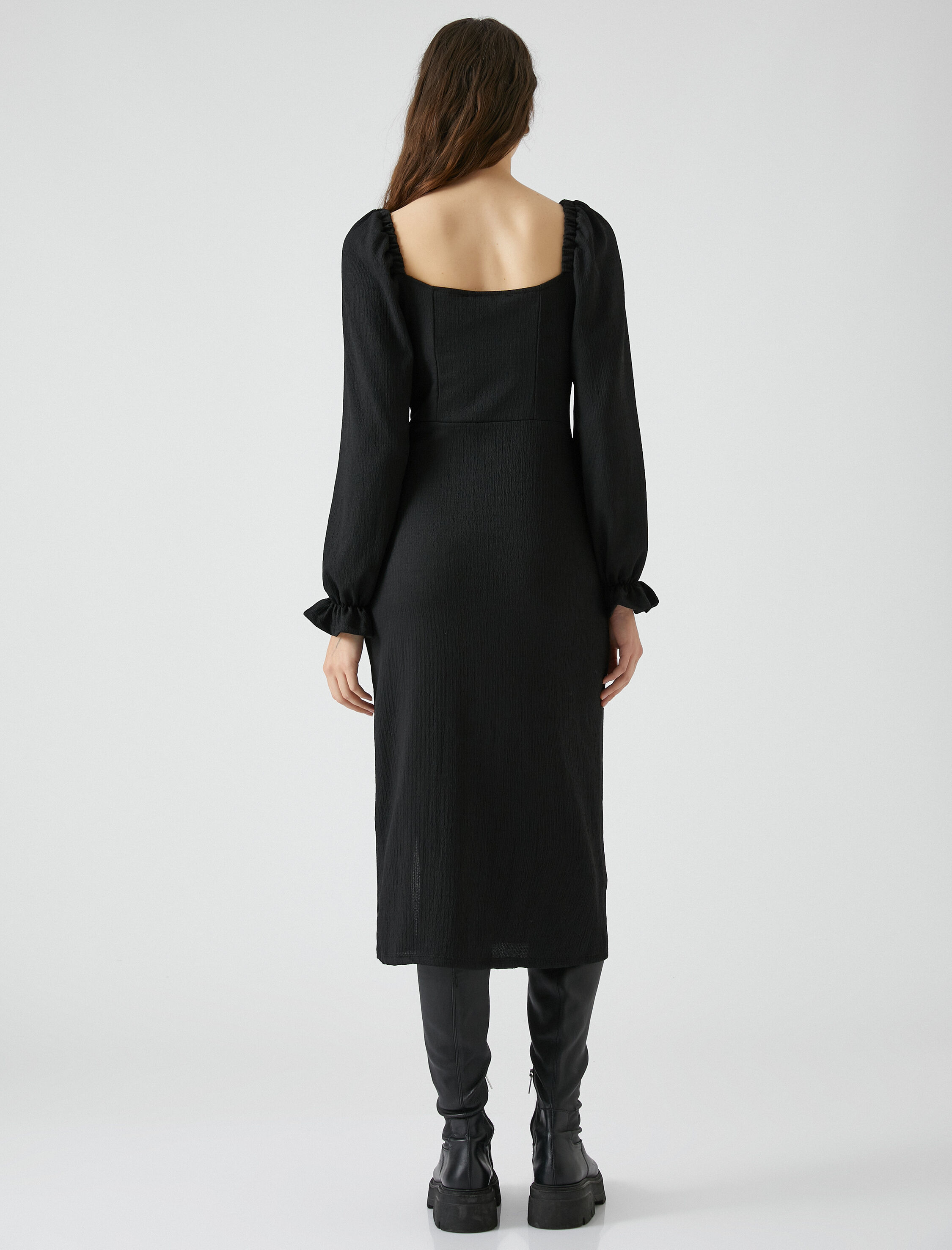   Midi Elbise Balon Kollu Kare Yaka Yırtmaçlı Bağlama Detaylı Bürümcük