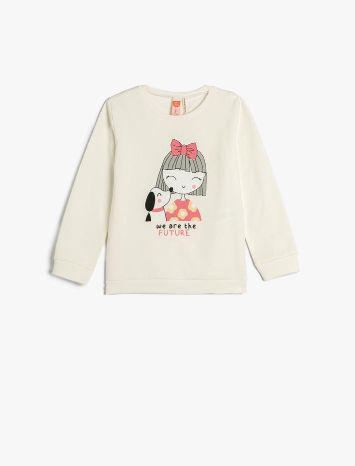 Kız Bebek Sweatshirt Uzun Kollu Bisiklet Yaka Şardonlu Baskılı Pamuklu