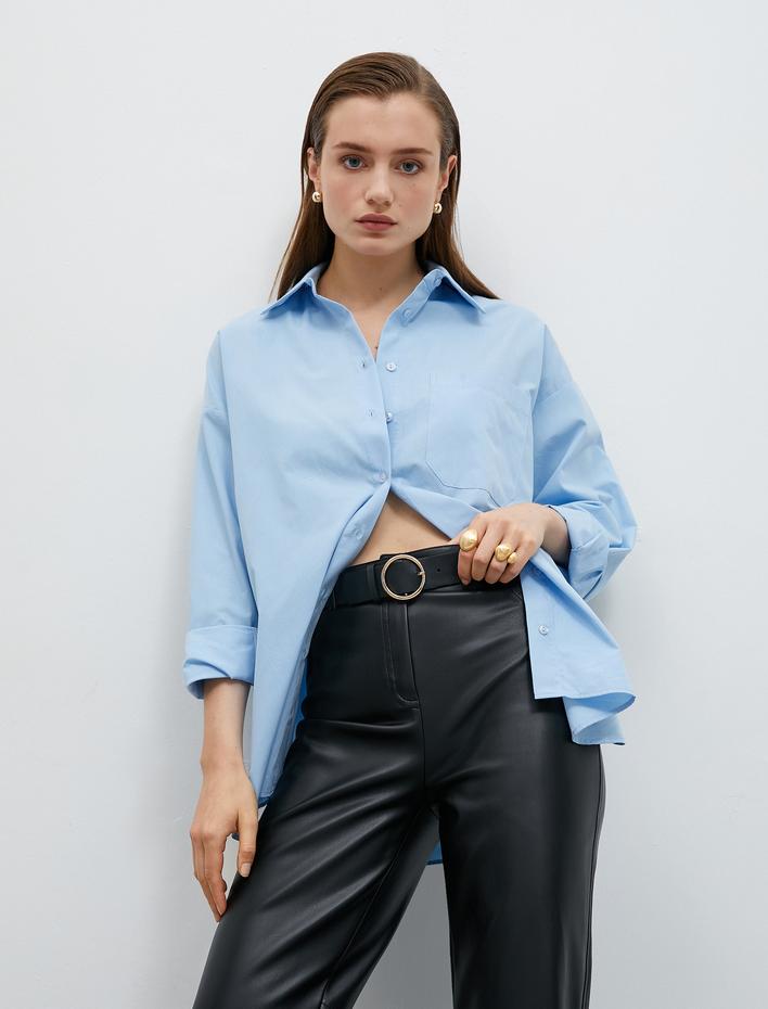  Pamuklu Oversize Gömlek Cep Detaylı