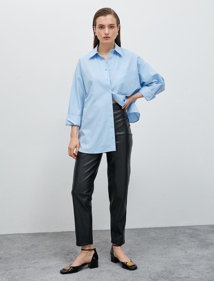  Pamuklu Oversize Gömlek Cep Detaylı