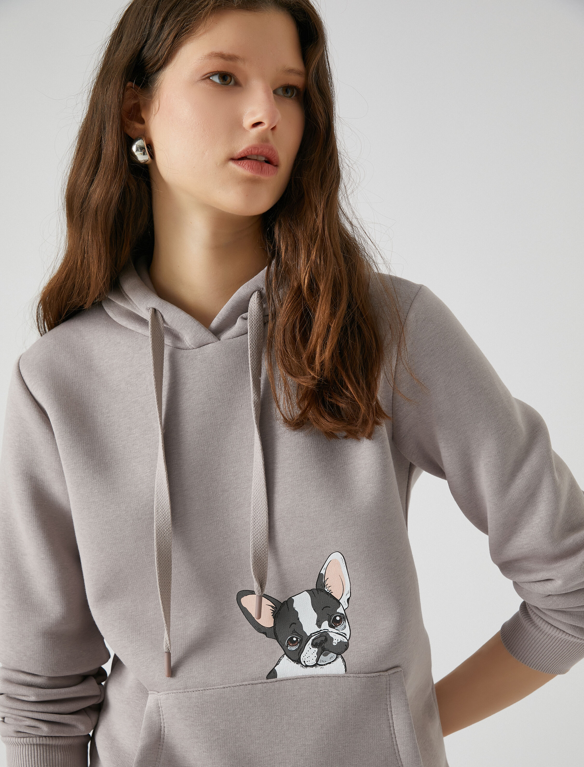   Kapüşonlu Sweatshirt Köpek Baskılı Kanguru Cepli