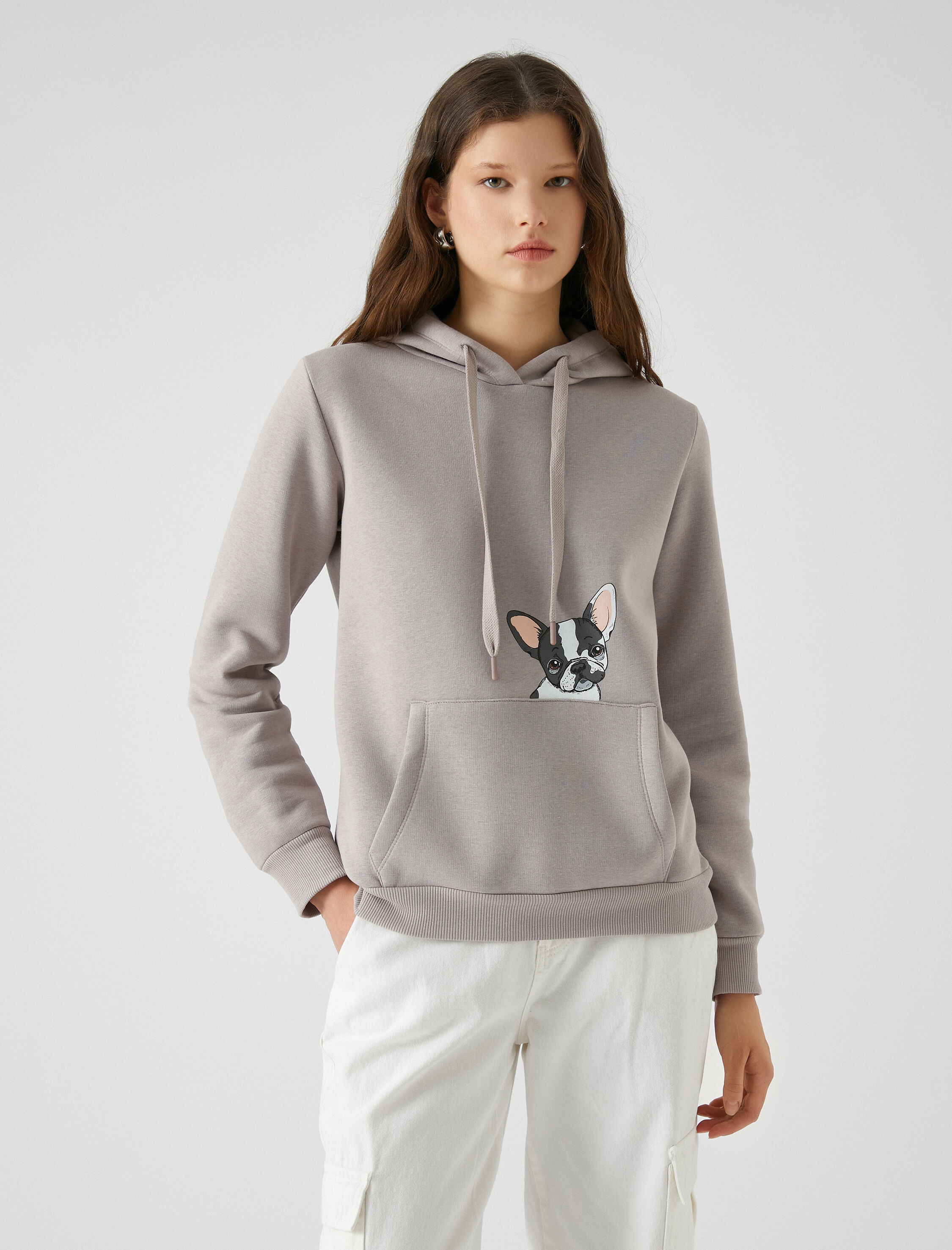   Kapüşonlu Sweatshirt Köpek Baskılı Kanguru Cepli