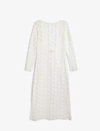 Plaj Elbisesi Dantelli Çiçekli Uzun Kollu Sırt Dekolteli