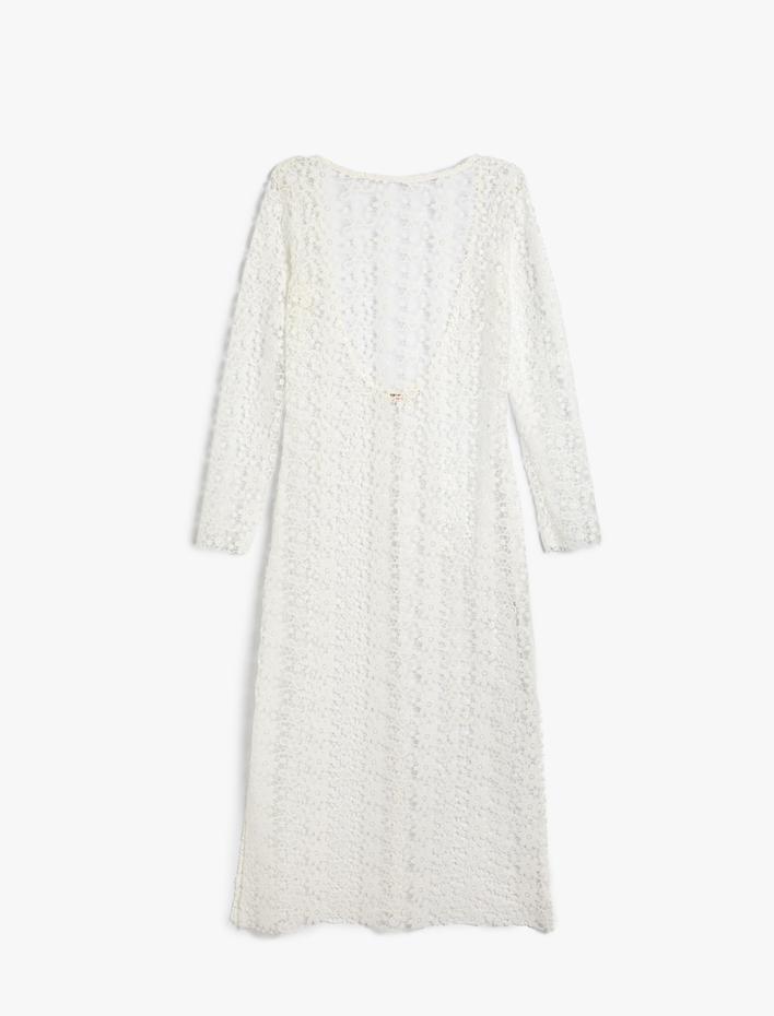  Plaj Elbisesi Dantelli Çiçekli Uzun Kollu Sırt Dekolteli