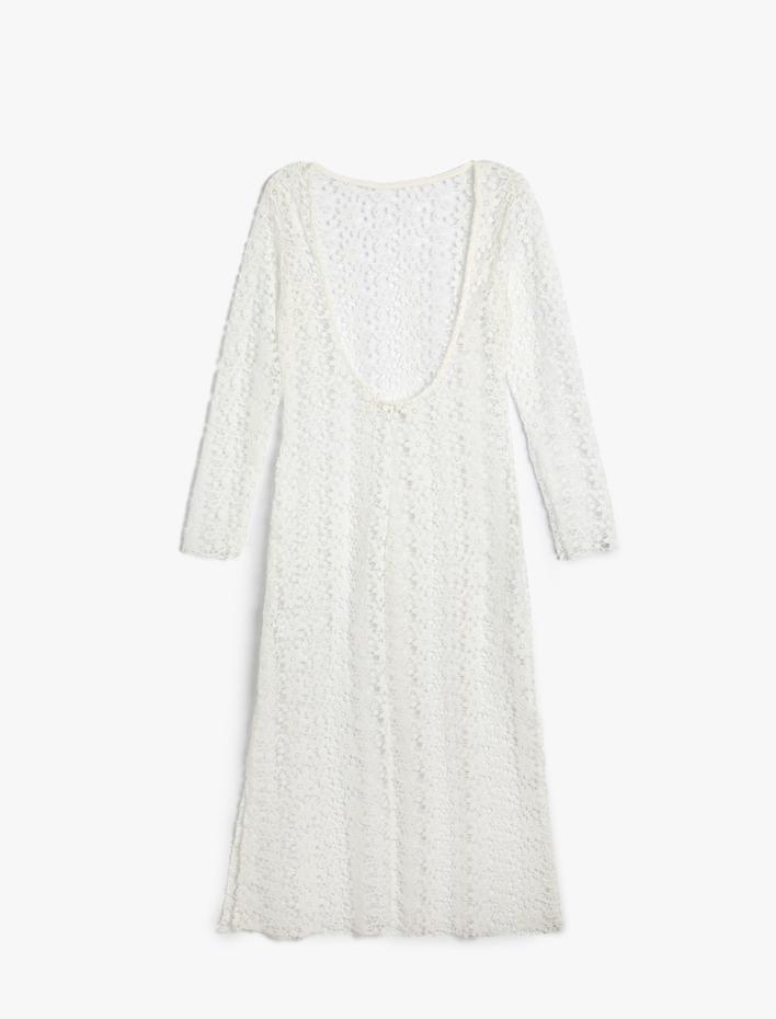  Plaj Elbisesi Dantelli Çiçekli Uzun Kollu Sırt Dekolteli