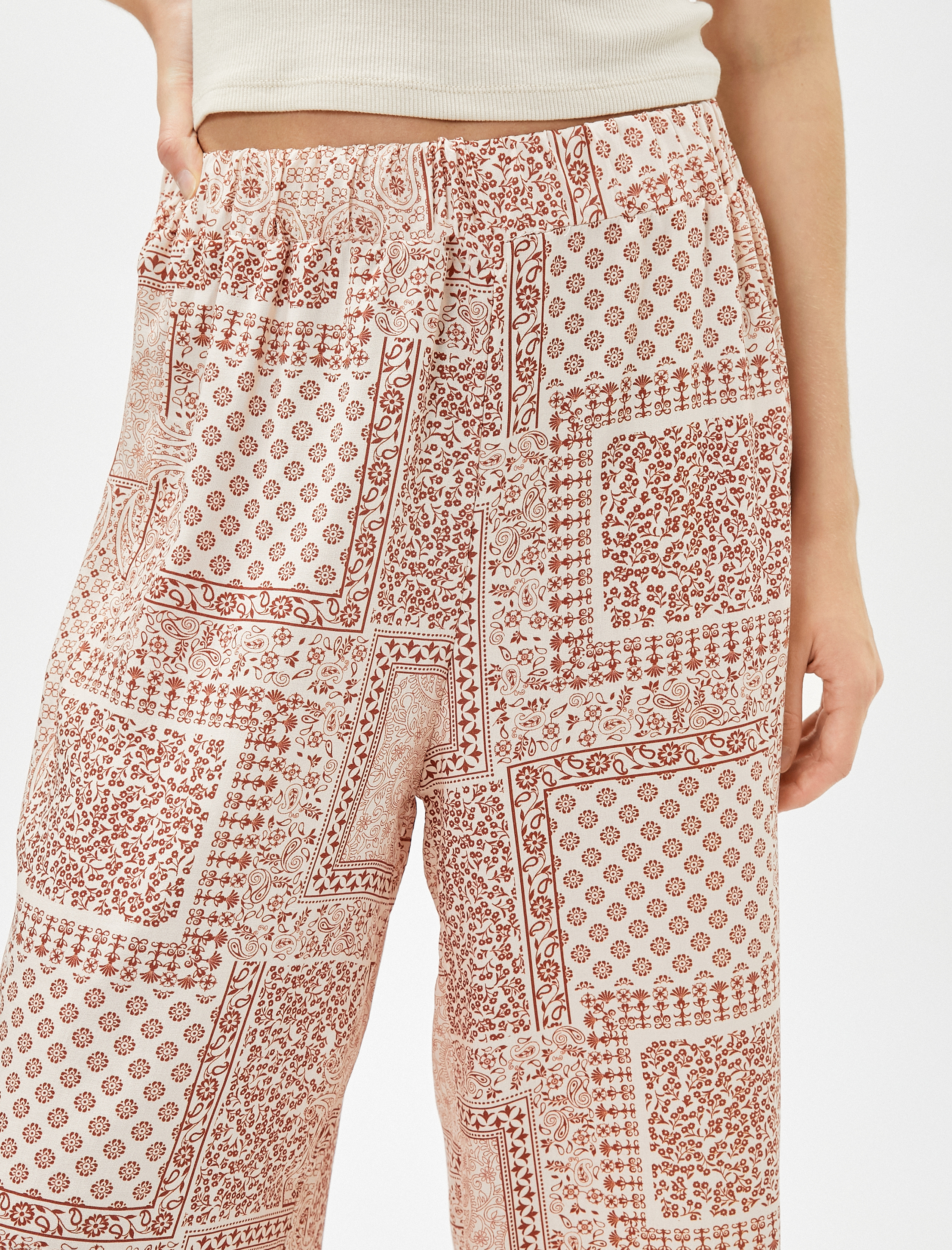   Bol Paça Pantolon Etnik Desenli Viskon Beli Lastikli