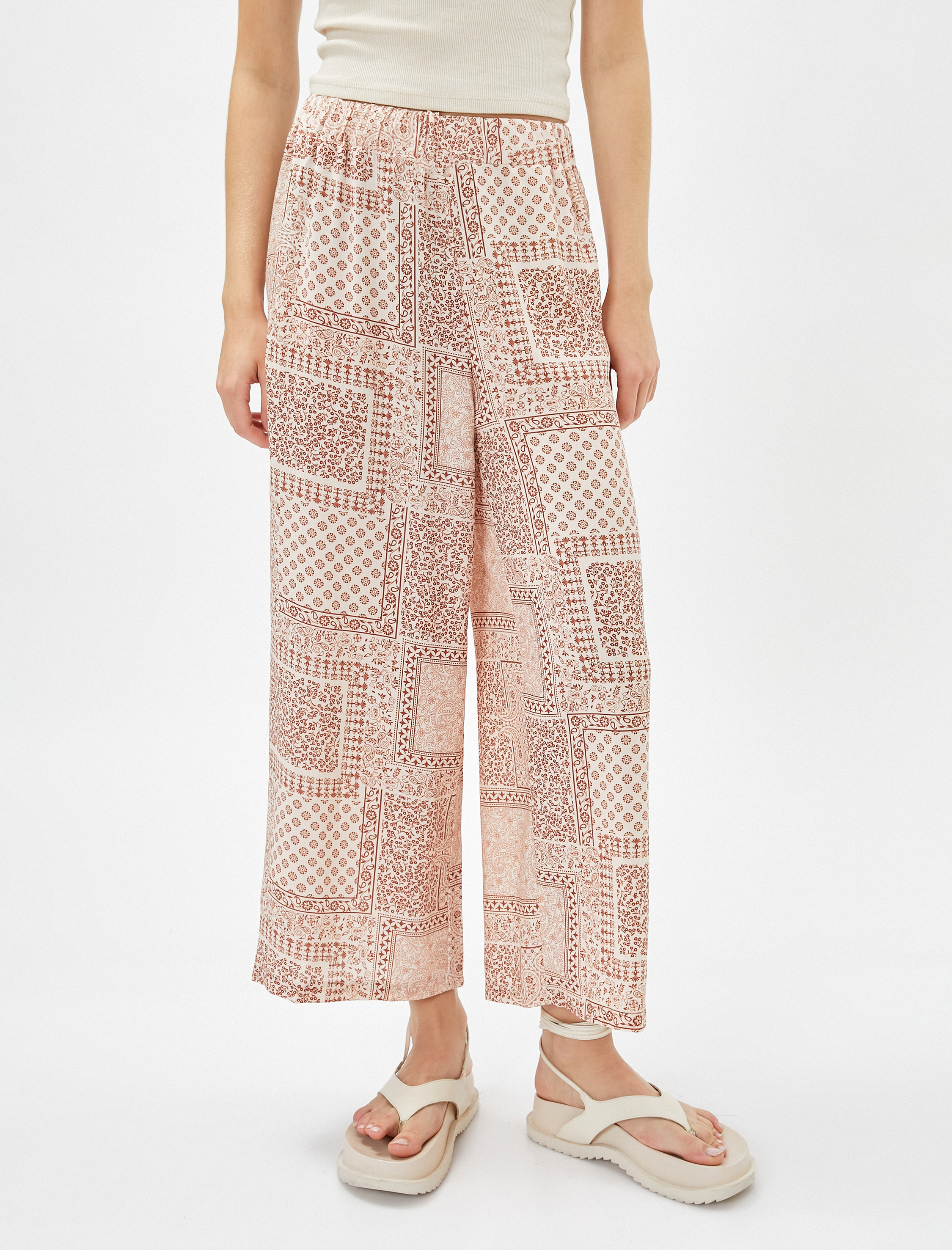   Bol Paça Pantolon Etnik Desenli Viskon Beli Lastikli