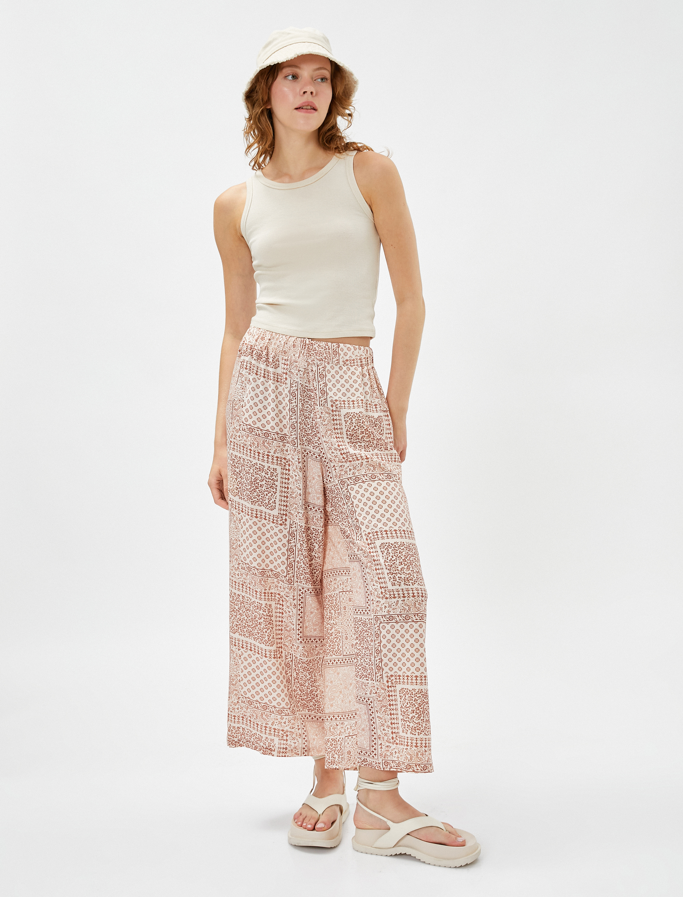   Bol Paça Pantolon Etnik Desenli Viskon Beli Lastikli